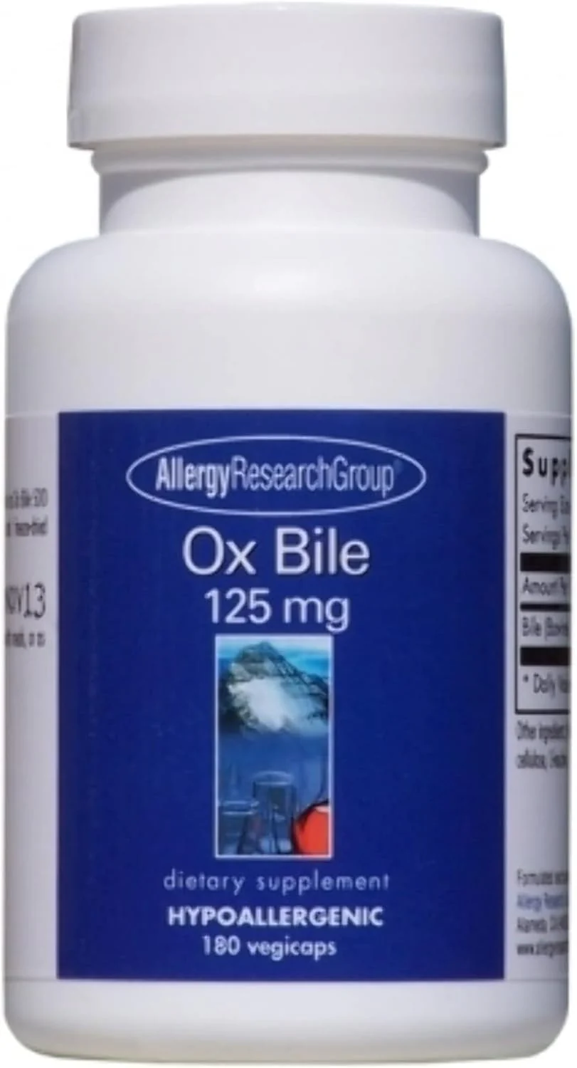 Allergy Research Group Ox Bile 125 mg - Ox Bile Supplements for Gallbladder, Digestive Enzymes for Liver, Fat Digestion Support, for Men and Women, Hypoallergenic Formula - 180 Vegicaps