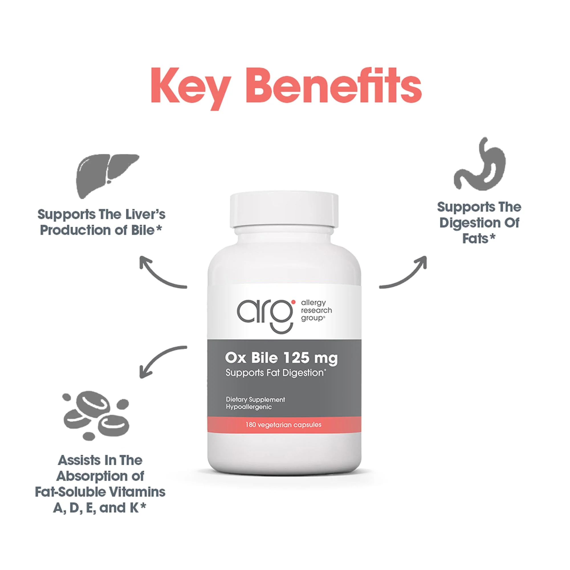Allergy Research Group Ox Bile 125 mg - Ox Bile Supplements for Gallbladder, Digestive Enzymes for Liver, Fat Digestion Support, for Men and Women, Hypoallergenic Formula - 180 Vegicaps - Image 6