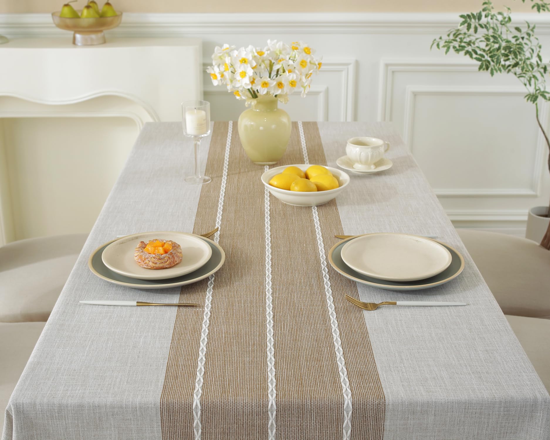 Alsoo Tablecloths Rectangular, Linen Tablecloth with Tassel, Fall Table Cover Wrinkle Free 6-8 Seats for Parties, Kitchen Dining, Holiday, Christmas, Coffee Lines, 55 x 90 Inches - Image 6