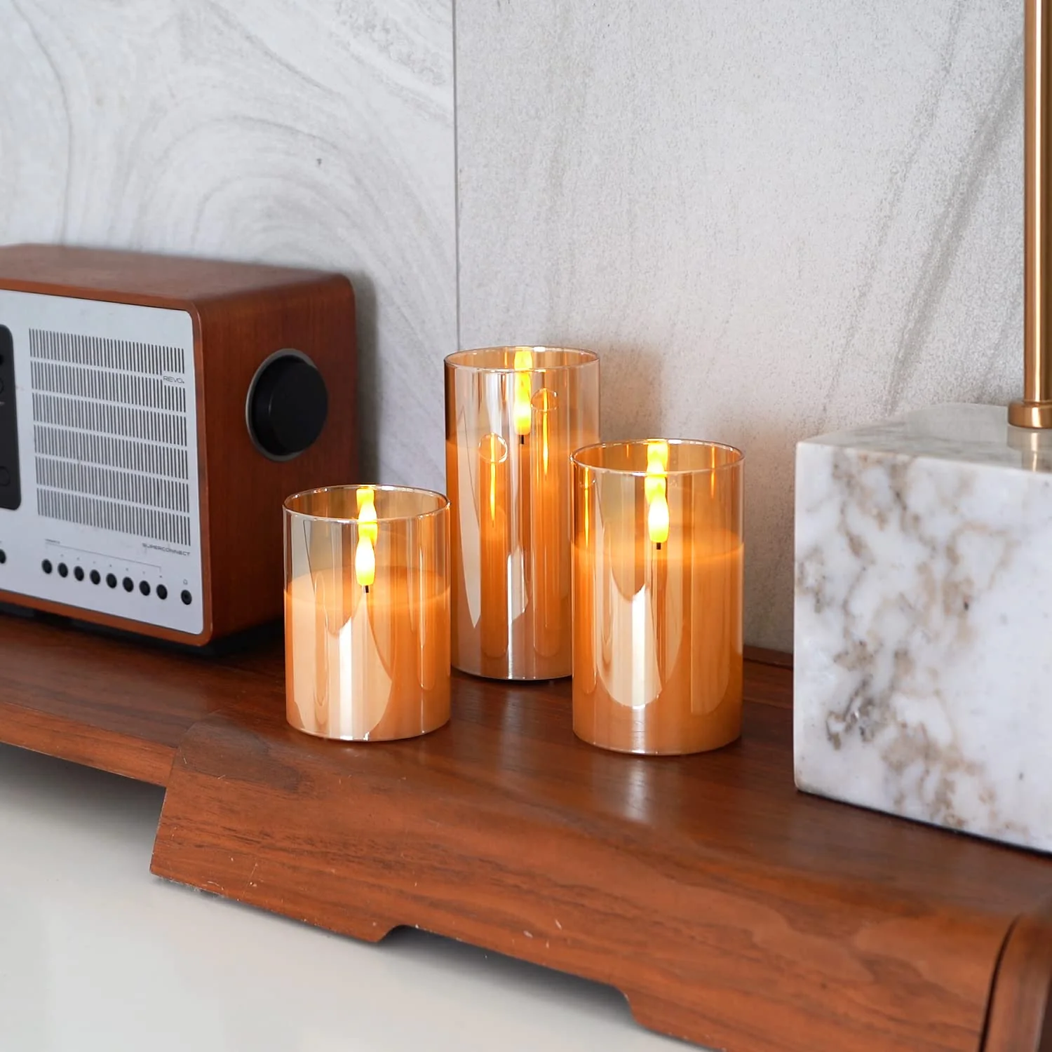 Amagic Gold Glass Flameless Candles Battery Operated with Timer, Remote Control, Flickering LED Fake Pillar Candles for Fall Decoration, Christmas Thanksgiving Decor, Amber, Set of 3 - Image 2