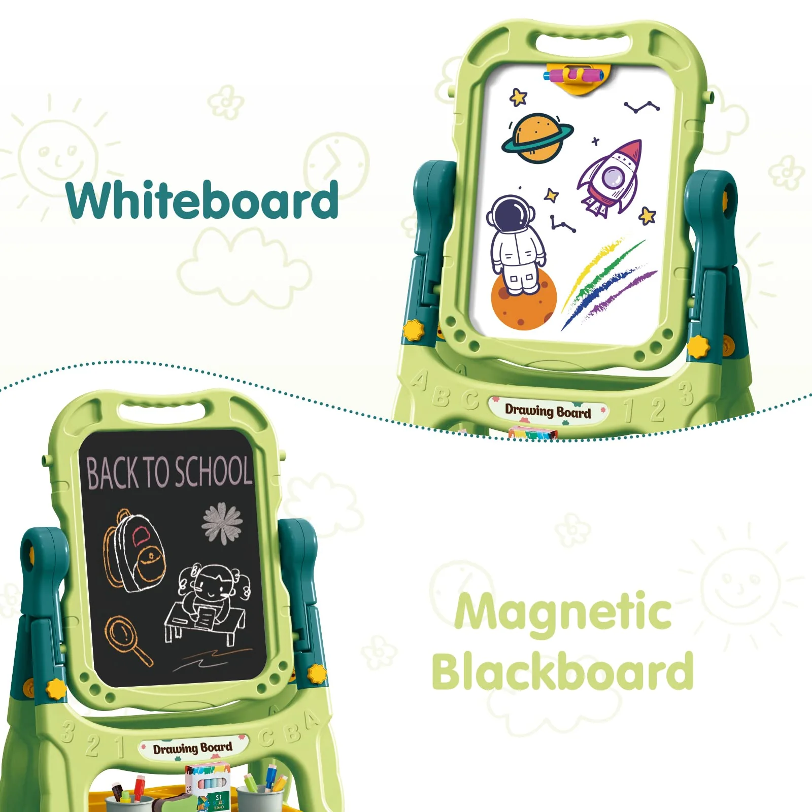 Amagoing Easel for Kids, Adjustable Standing Art Easel for Toddler, Double Magnetic Drawing Board with Painting Accessories, Birthday Christmas Gift for Little Boys and Girls, Middle Size (Green) - Image 4