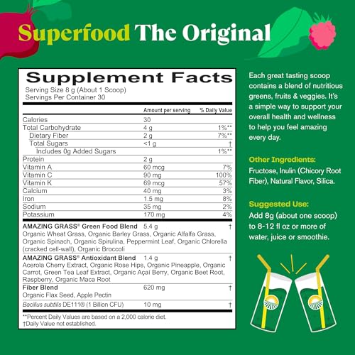 Amazing Grass Greens Blend Superfood: Greens Powder Mix for Energy, with Organic Spirulina, Chlorella, Beet Root Powder, Digestive Enzymes & Probiotics, Original, 30 Servings (Packaging May Vary) - Image 2