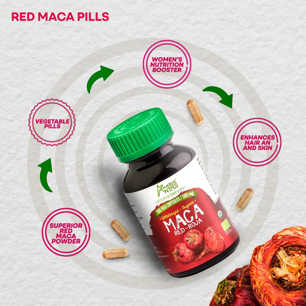Amazon Andes Red maca Root Capsules - Female Health Supplement - Natural Energizer - USDA NOP Certified - Genitalized, Non GMO & Gluten Free - 100 Vegan Pills (1500mg per Serving) - Made in Peru - Image 6