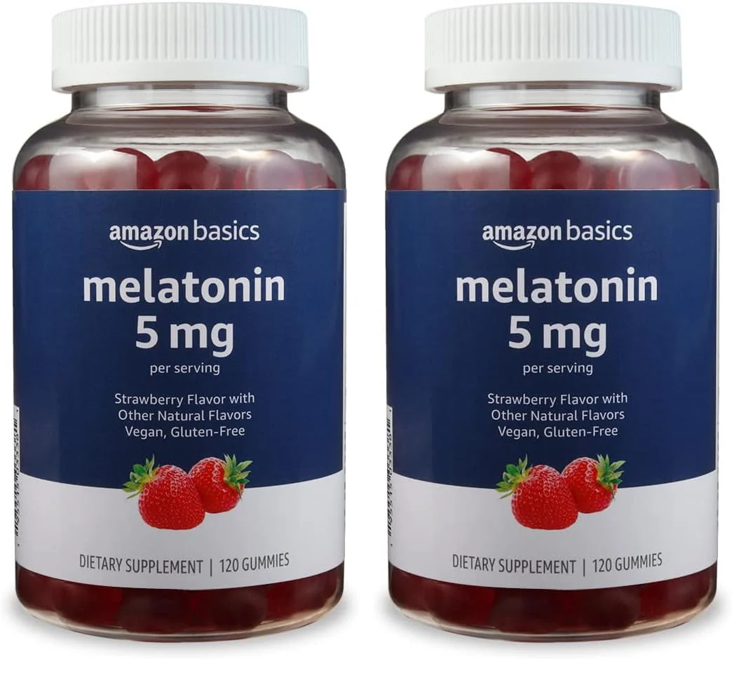 Amazon Basics Melatonin 5mg, Strawberry (Previously Solimo) 120 Gummies (2 per Serving) (Pack of 2)