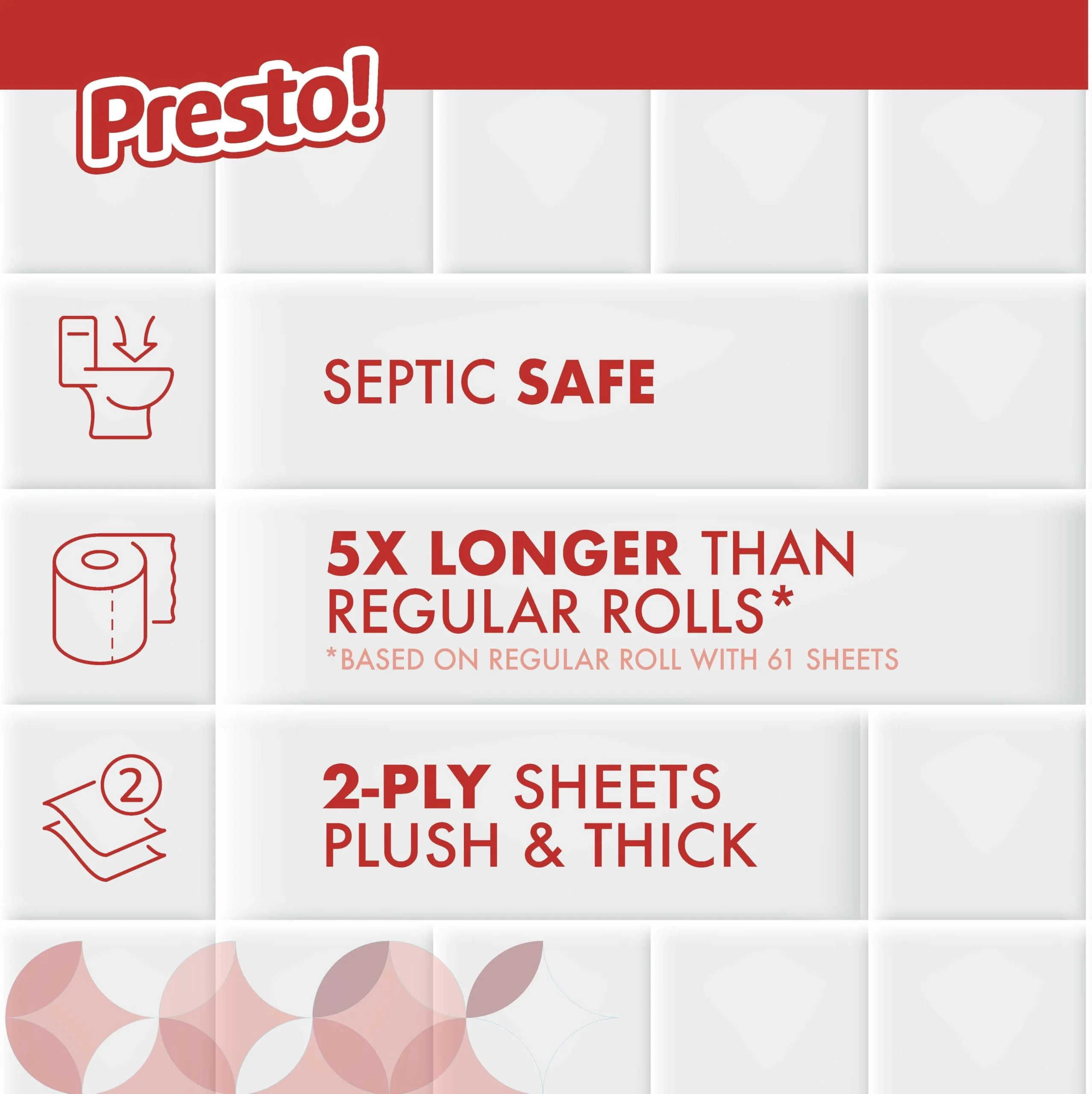 Amazon Brand - Presto! 2-Ply Ultra-Strong Toilet Paper, 24 Mega Rolls Toilet Paper = 120 regular rolls, 308 Sheet (Pack of 24), Unscented - Image 3