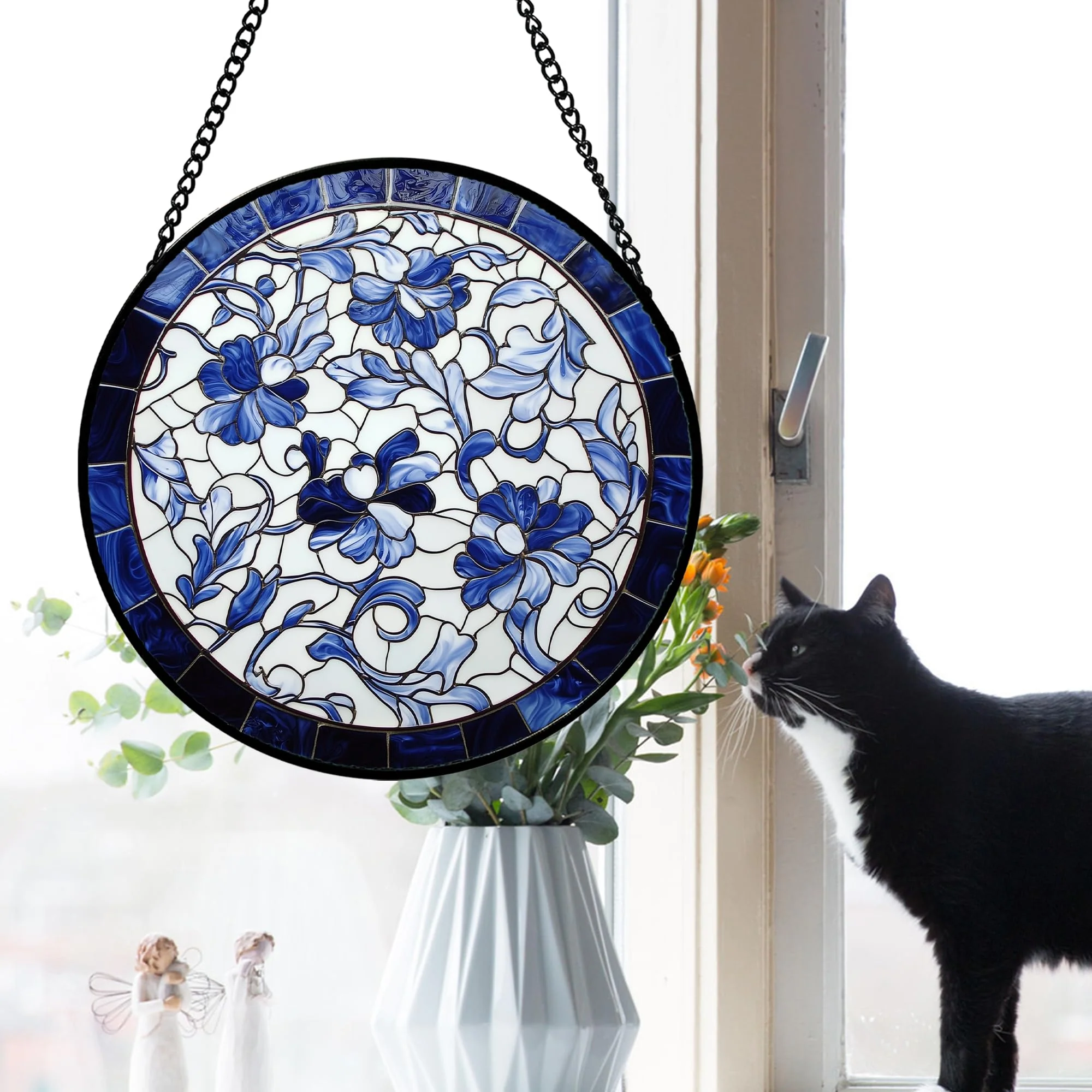AMDERVEN Stained Glass Window Hanging, Blue and White Abstract Flowers Sun Catcher for Door Home Decor Suncatcher Christmas Mother's Day Birthday Gifts for Women Men Mom and Nana 9.8 in - Image 2