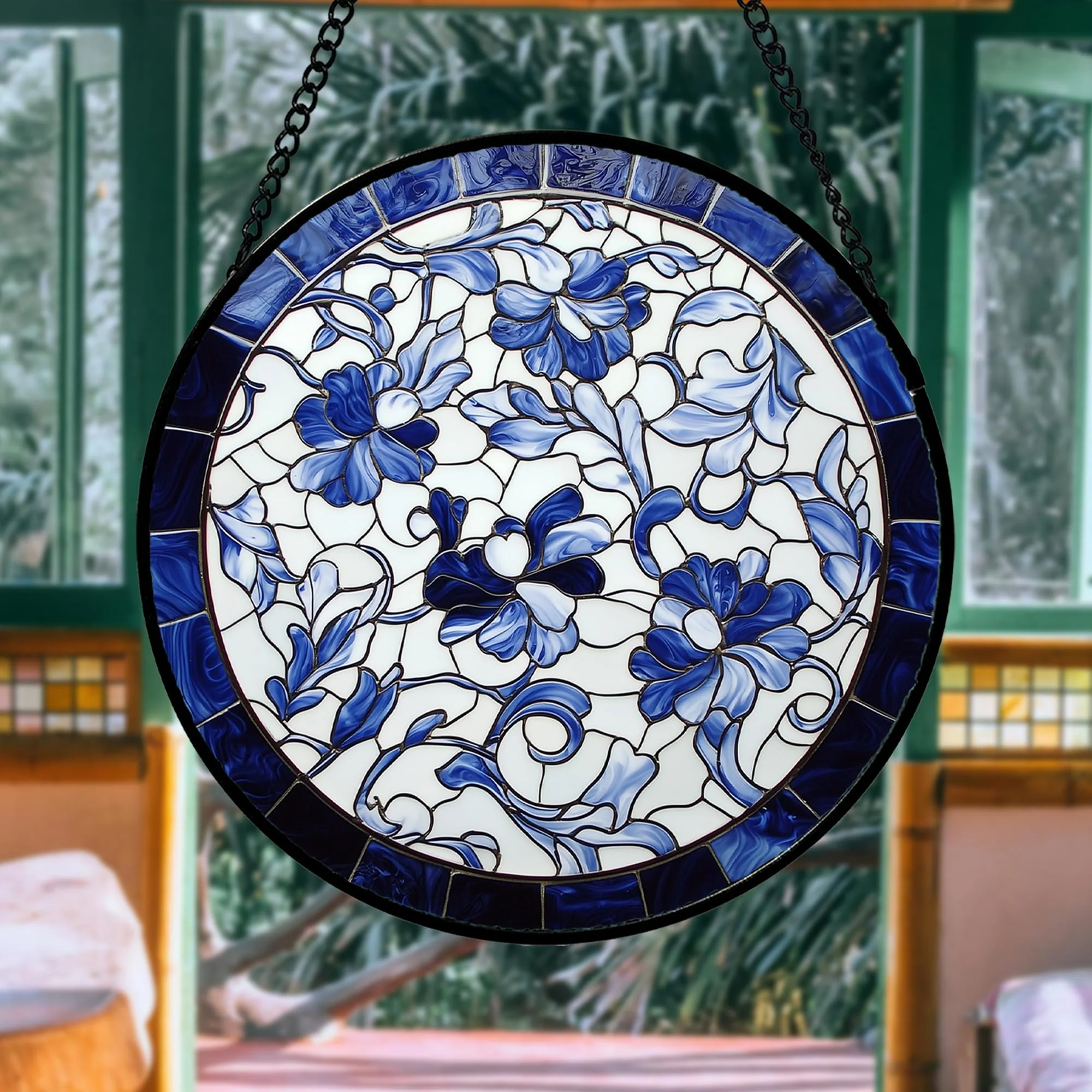 AMDERVEN Stained Glass Window Hanging, Blue and White Abstract Flowers Sun Catcher for Door Home Decor Suncatcher Christmas Mother's Day Birthday Gifts for Women Men Mom and Nana 9.8 in - Image 4