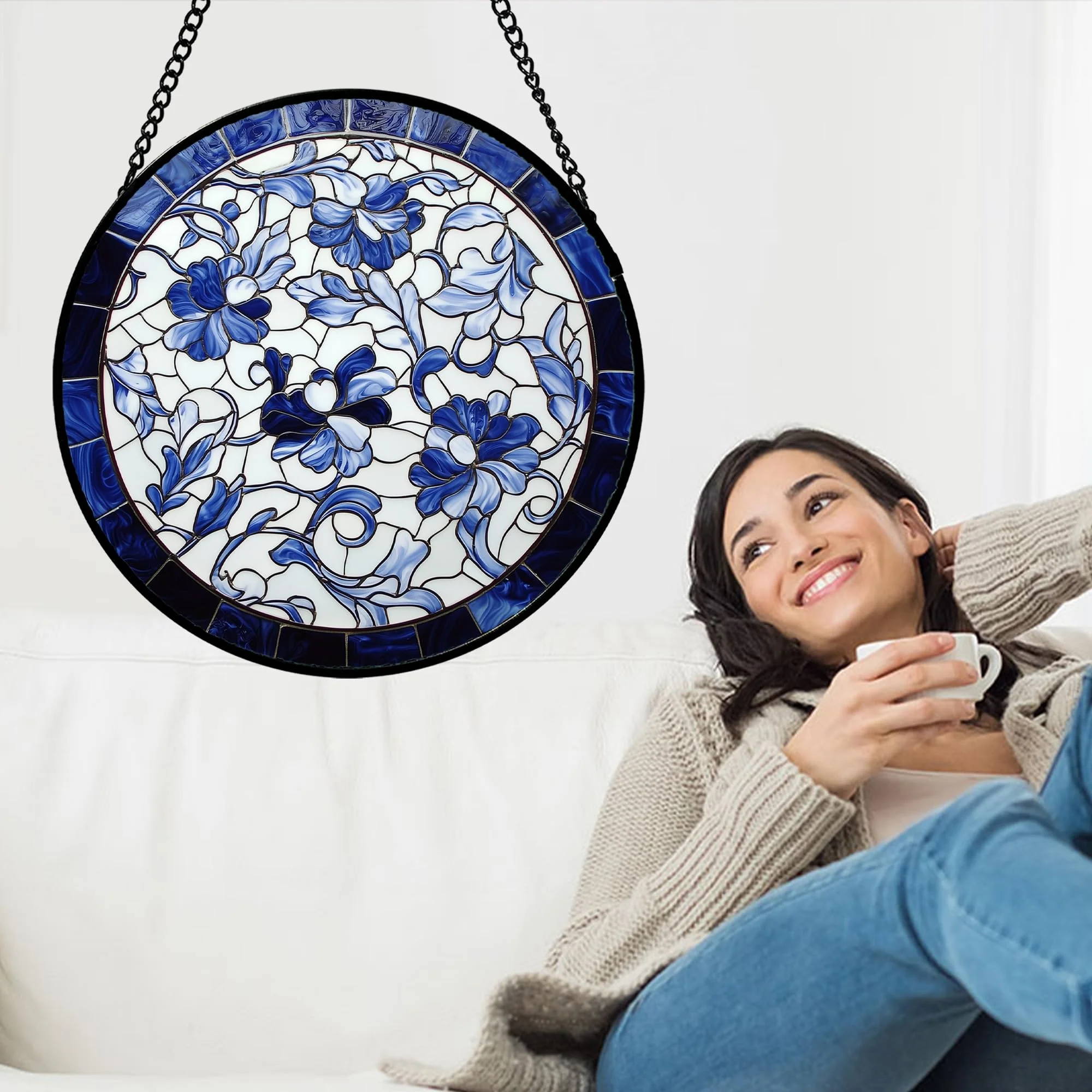 AMDERVEN Stained Glass Window Hanging, Blue and White Abstract Flowers Sun Catcher for Door Home Decor Suncatcher Christmas Mother's Day Birthday Gifts for Women Men Mom and Nana 9.8 in - Image 5