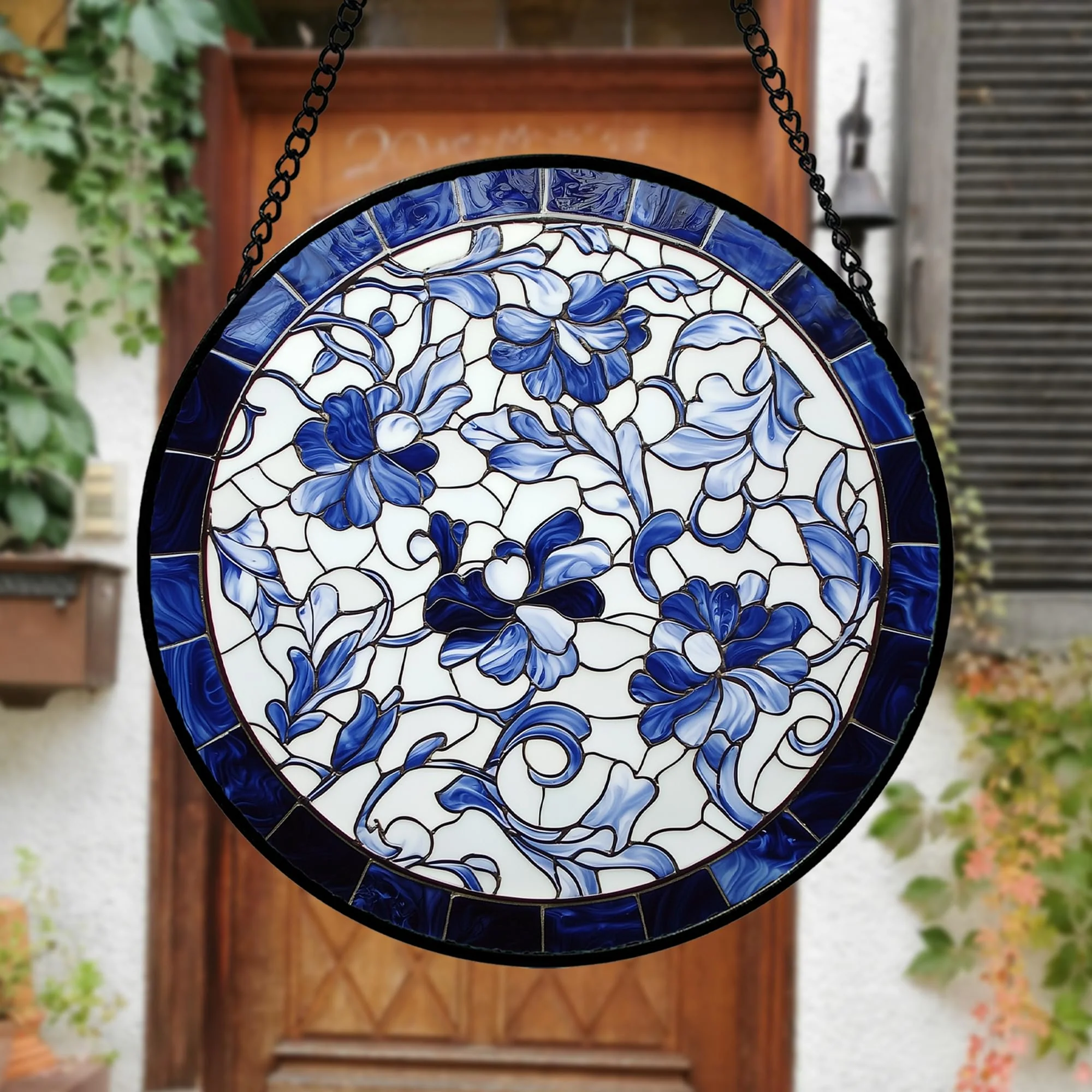 AMDERVEN Stained Glass Window Hanging, Blue and White Abstract Flowers Sun Catcher for Door Home Decor Suncatcher Christmas Mother's Day Birthday Gifts for Women Men Mom and Nana 9.8 in - Image 7