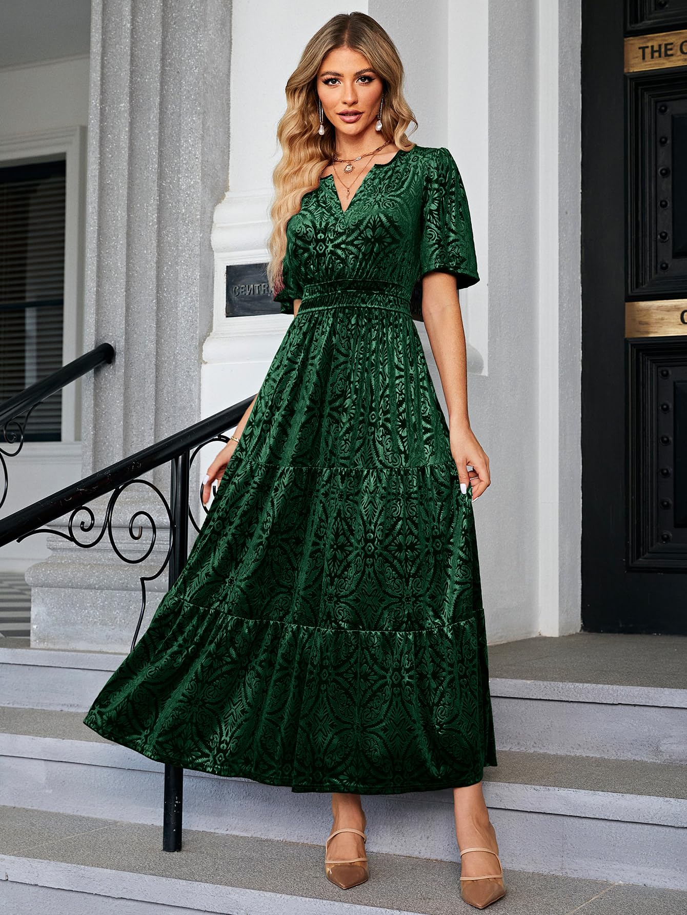 Amegoya Velvet Dress for Women Formal Winter Wedding Guest Dress Short Sleeve V Neck Semi Formal Party Christmas Dresses(Emerald Green L) - Image 4