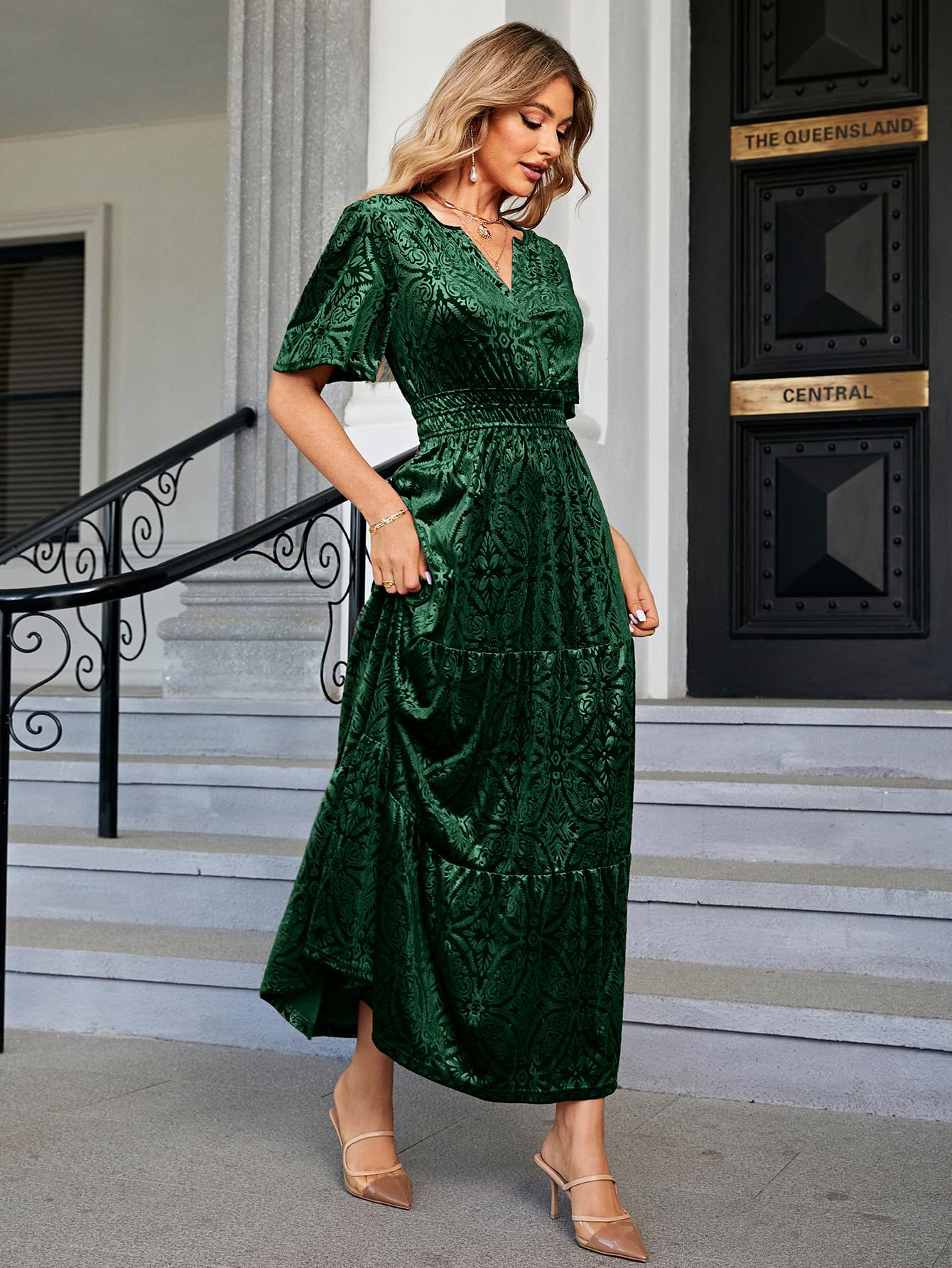 Amegoya Velvet Dress for Women Formal Winter Wedding Guest Dress Short Sleeve V Neck Semi Formal Party Christmas Dresses(Emerald Green L) - Image 5