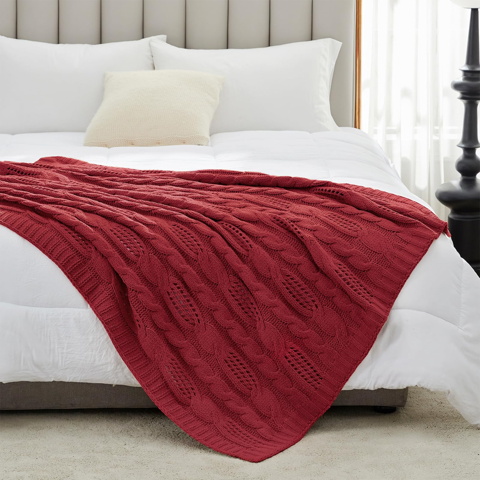 Amélie Home Chunky Knit Throw Blanket, Dual-Sided Soft Chenille Breathable Cable Knitted Blanket for Couch, Farmhouse Decorative Throw for Sofa & Chair, 50"x60", Christmas Red - Image 3