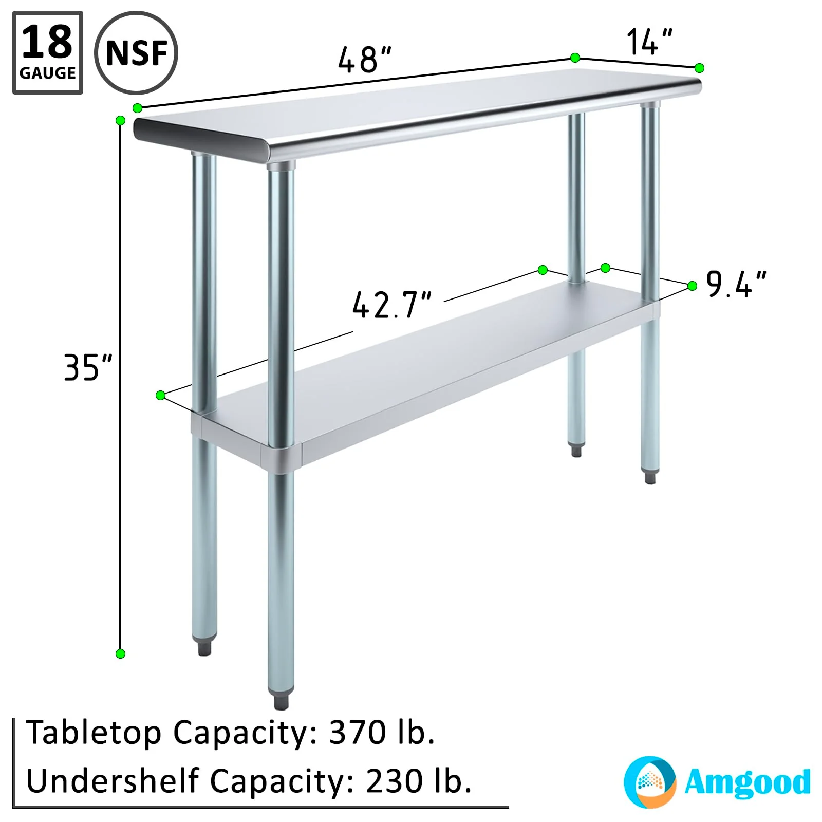 AmGood 14 in. x 48 in. Stainless Steel Work Table | Metal Kitchen Food Prep Table | NSF - Image 8