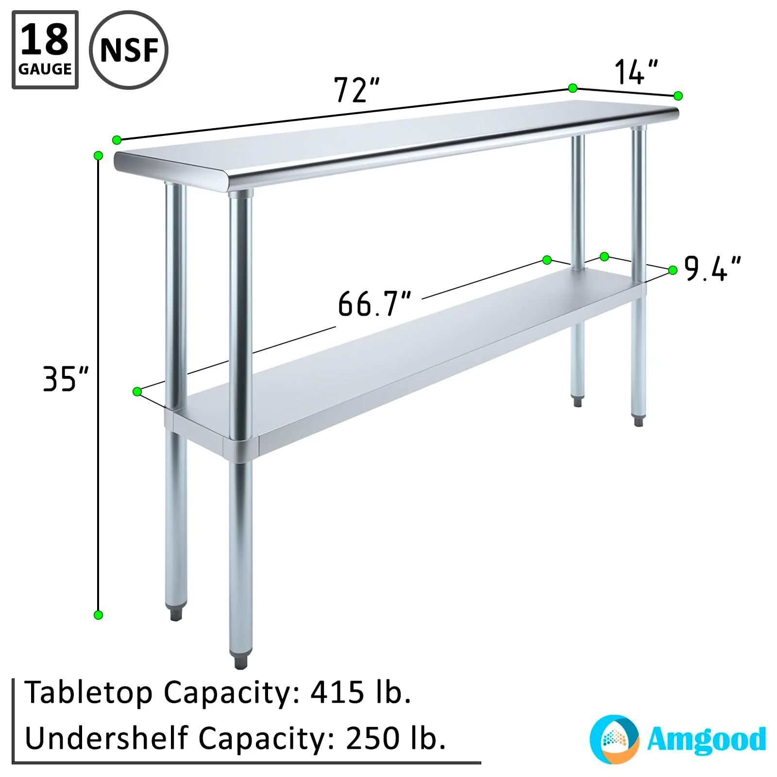 AmGood 14 in. x 72 in. Stainless Steel Work Table | Metal Kitchen Food Prep Table | NSF - Image 8