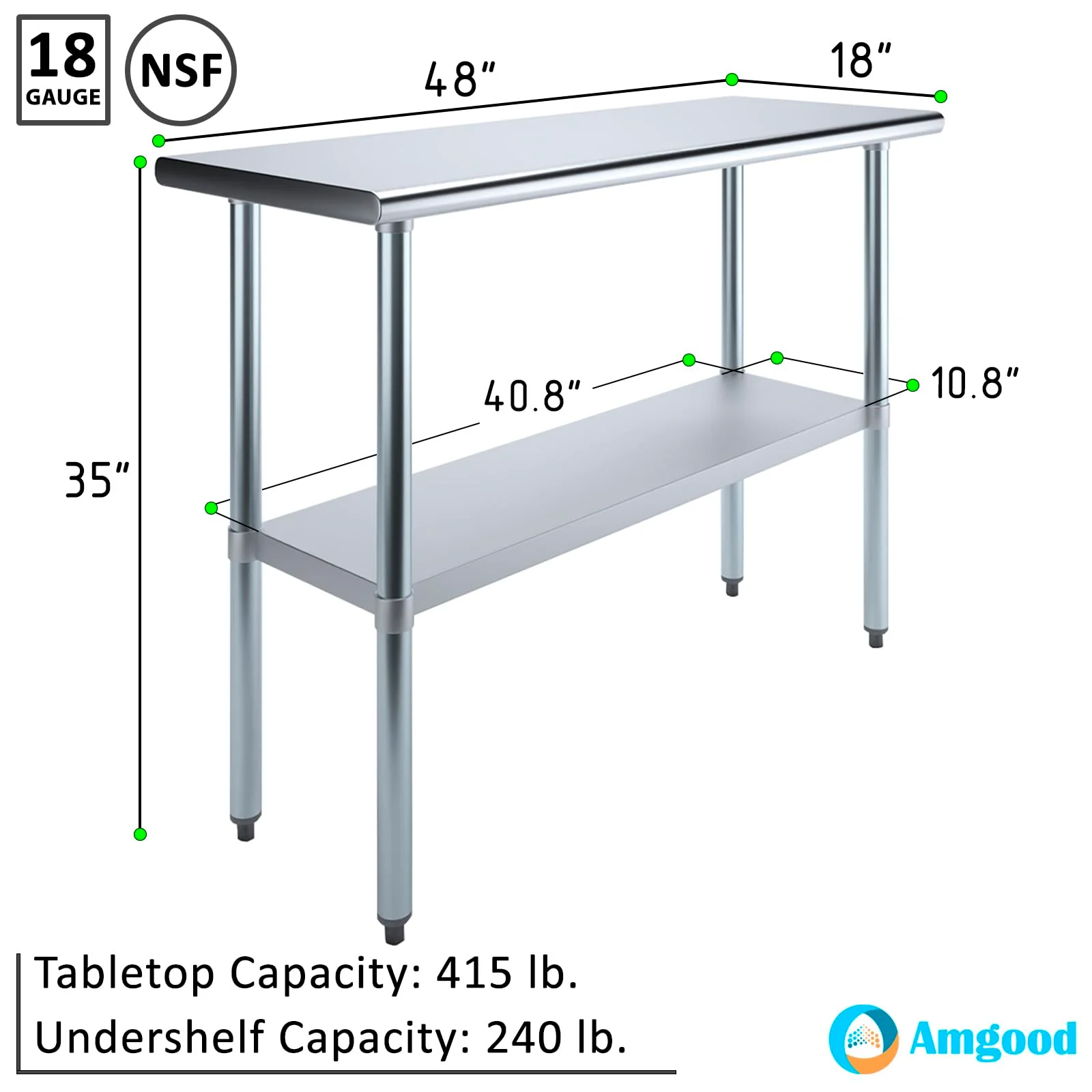 AmGood 18 in. x 48 in. Stainless Steel Work Table | Metal Kitchen Food Prep Table | NSF - Image 8