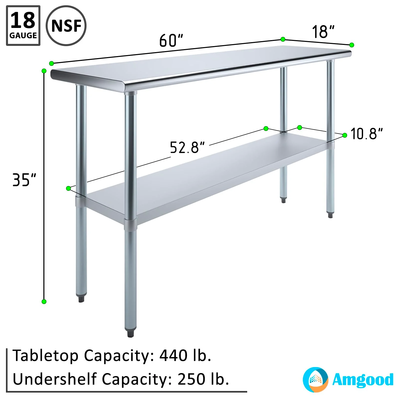 AmGood 18 in. x 60 in. Stainless Steel Work Table | Metal Kitchen Food Prep Table | NSF - Image 8