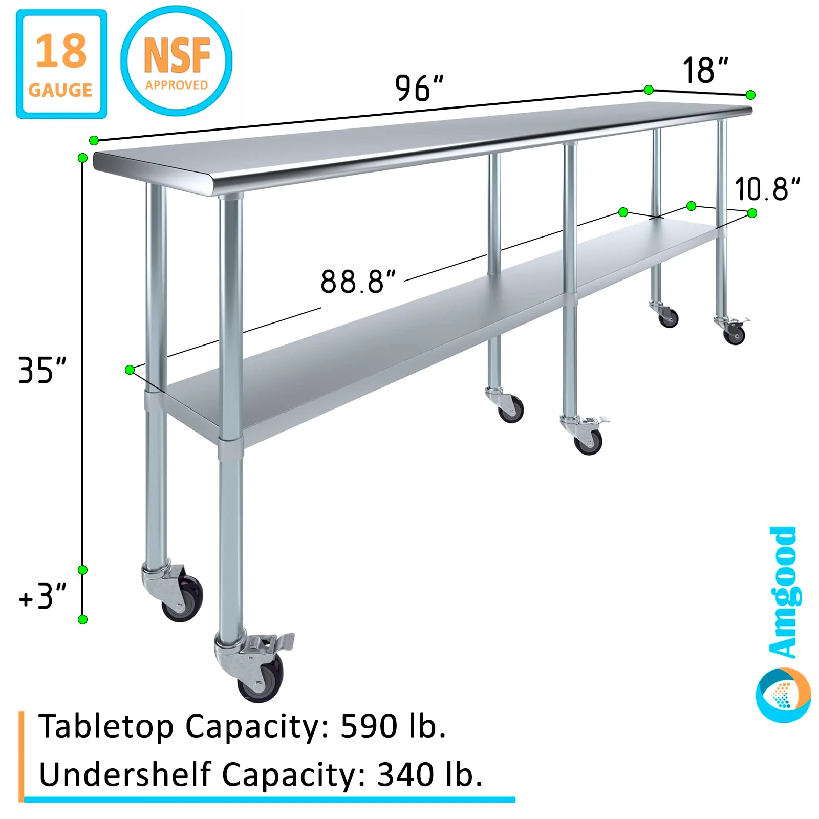 AmGood 18 in. x 96 in. Stainless Steel Work Table with Wheels | Metal Kitchen Food Prep Table | NSF - Image 8