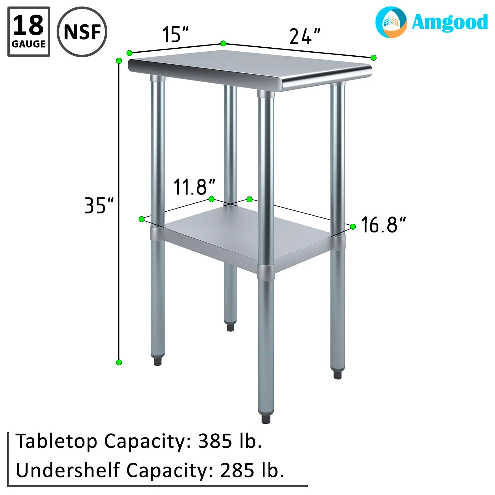 AmGood 24 in. x 15 in. Stainless Steel Work Table with Wheels | Metal Kitchen Food Prep Table | NSF - Image 8