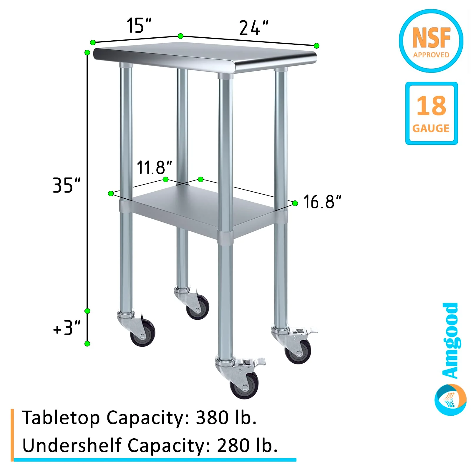 AmGood 24 in. x 15 in. Stainless Steel Work Table with Wheels | Metal Kitchen Food Prep Table | NSF - Image 8