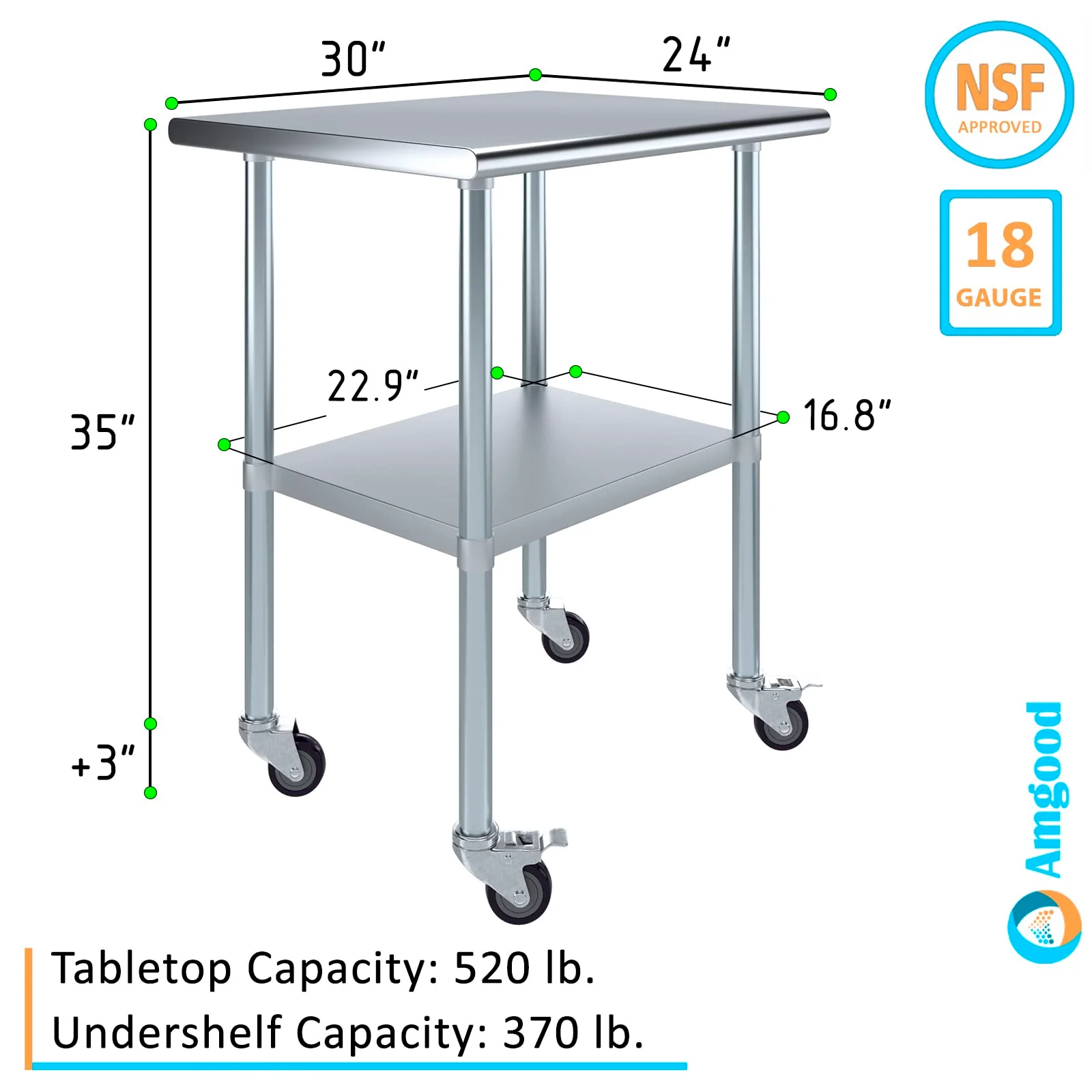 AmGood 24 in. x 30 in. Stainless Steel Work Table with Wheels | Metal Kitchen Food Prep Table | NSF - Image 8