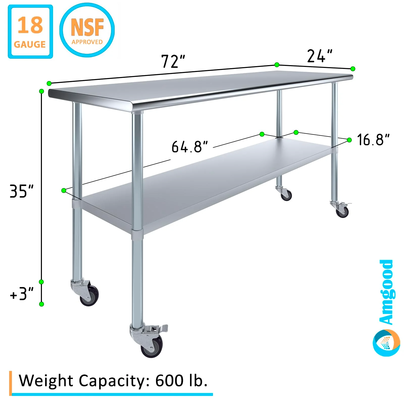 AmGood 24 in. x 72 in. Stainless Steel Work Table with Wheels | Metal Kitchen Food Prep Table | NSF - Image 8