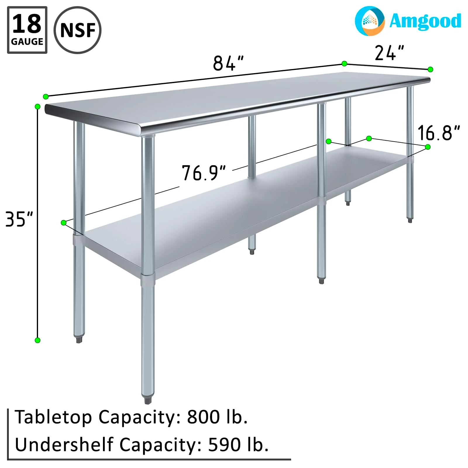 AmGood 24 in. x 84 in. Stainless Steel Work Table | Metal Kitchen Food Prep Table | NSF - Image 6