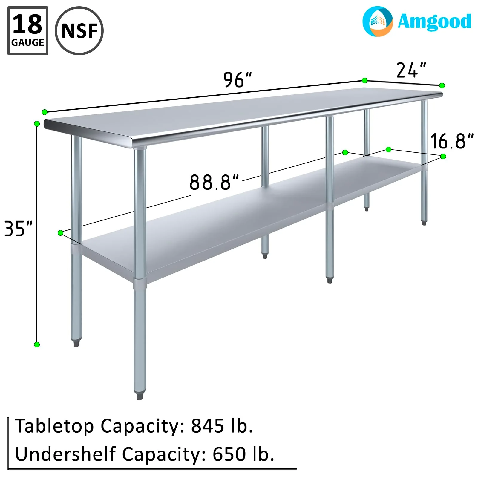 AmGood 24 in. x 96 in. Stainless Steel Work Table | Metal Kitchen Food Prep Table | NSF - Image 8