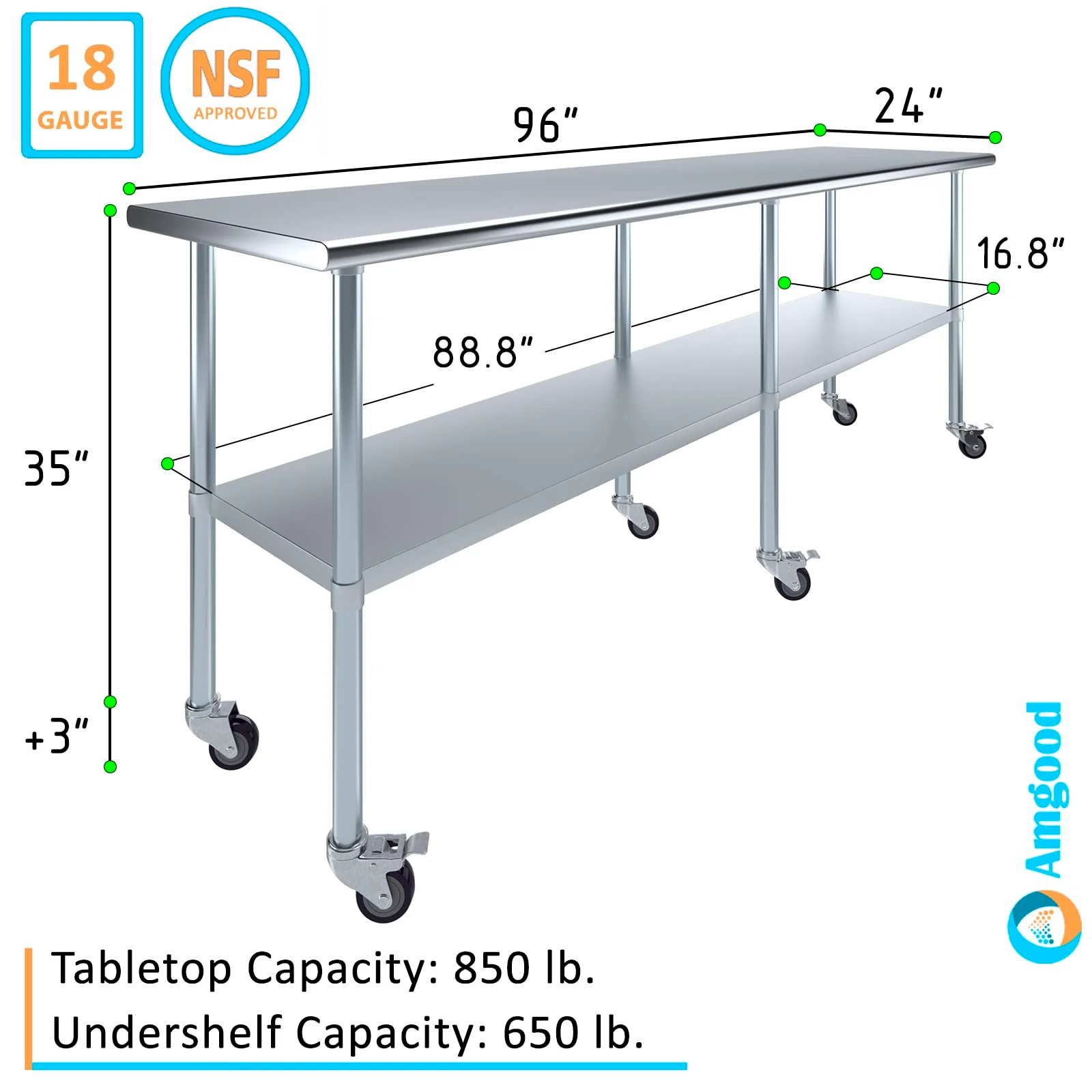 AmGood 24 in. x 96 in. Stainless Steel Work Table with Wheels | Metal Kitchen Food Prep Table | NSF - Image 8