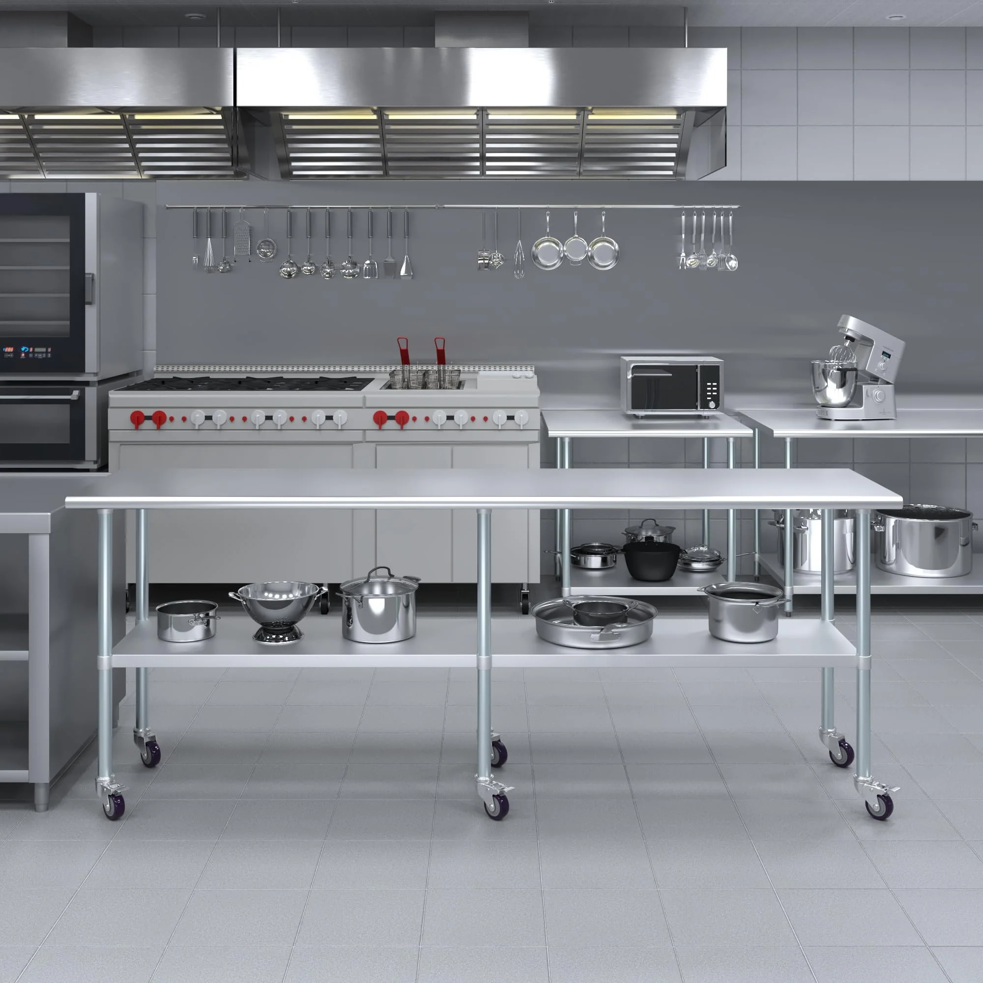 AmGood 24 in. x 96 in. Stainless Steel Work Table with Wheels | Metal Kitchen Food Prep Table | NSF - Image 9