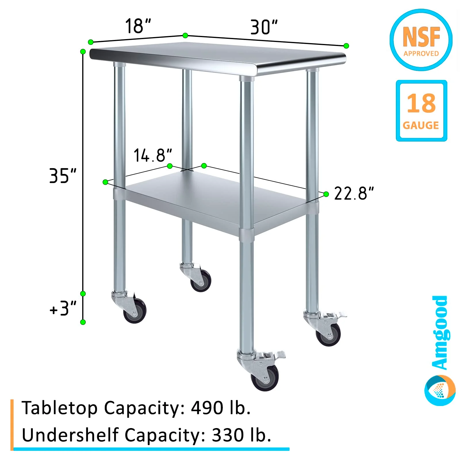 AmGood 30 in. x 18 in. Stainless Steel Work Table with Wheels | Metal Kitchen Food Prep Table | NSF - Image 8