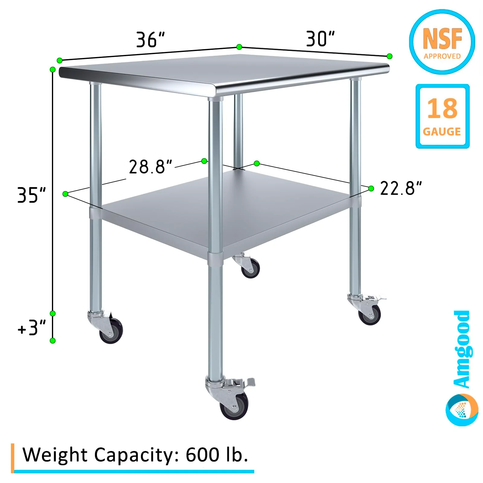 AmGood 30 in. x 36 in. Stainless Steel Work Table with Wheels | Metal Kitchen Food Prep Table | NSF - Image 8