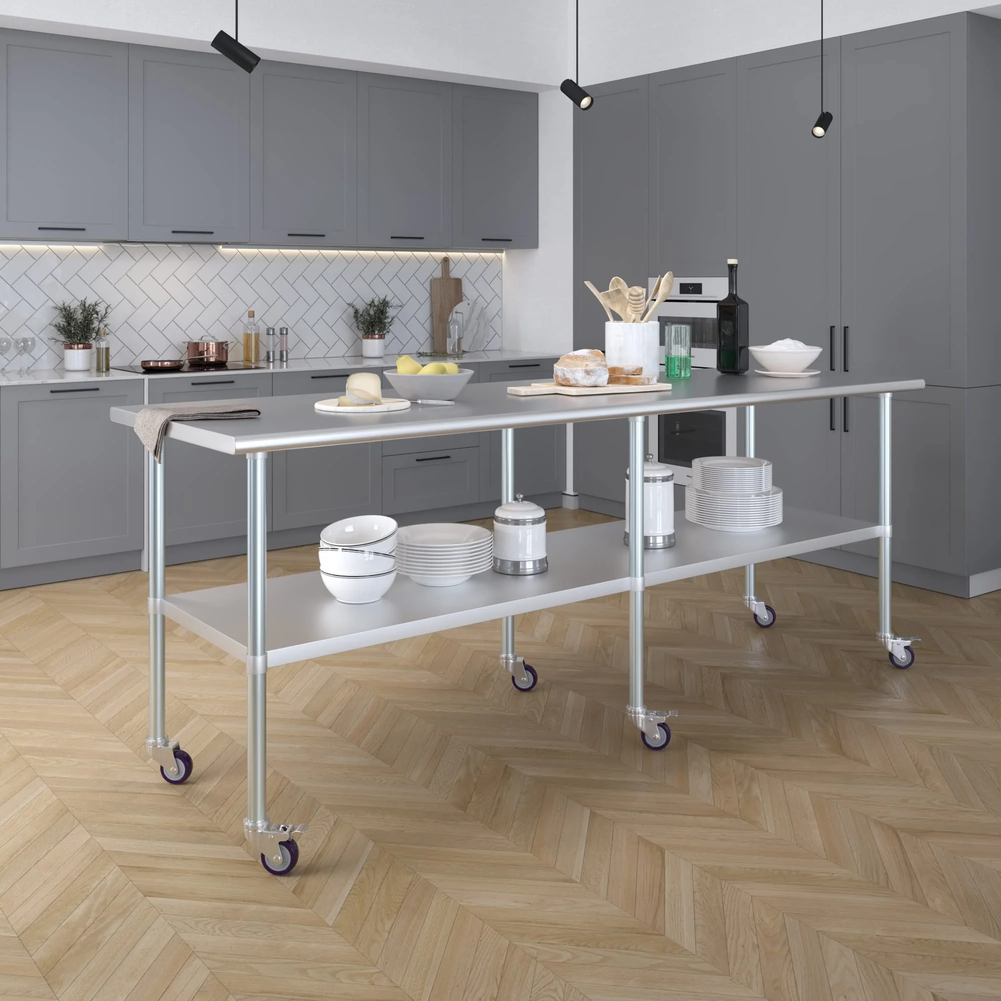 AmGood 30 in. x 96 in. Stainless Steel Work Table with Wheels | Metal Kitchen Food Prep Table | NSF - Image 4