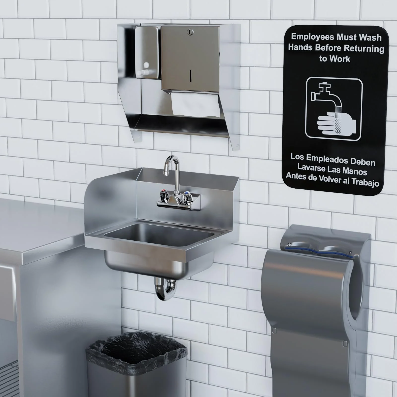 AmGood Stainless Steel Wall Mount Hand Sink with Faucet and Left Sidesplash 17" x 15" | NSF Commercial Hand Washing Basin For Restaurant, Kitchen and Home | Bowl Size: 10" x 14" - Image 3