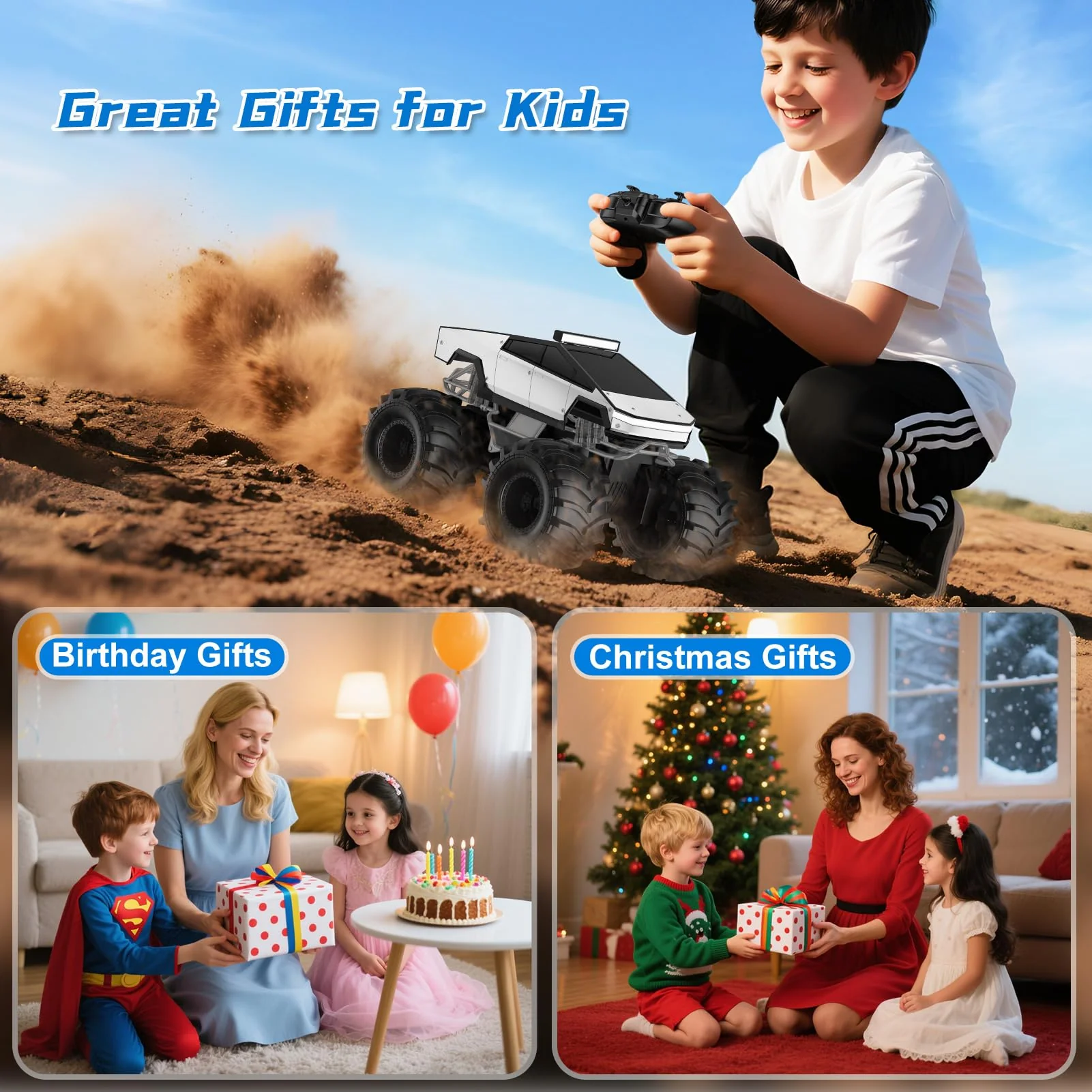 Amphibious Remote Control Car, 1:18 Monster Truck Toys for Boys RC Cars, 2.4 GHz Waterproof RC Trucks, 4WD All Terrain Off-Road Pickup, Kids Christmas Birthday Gifts Present Boys Girls Toys Ages 6+ - Image 2
