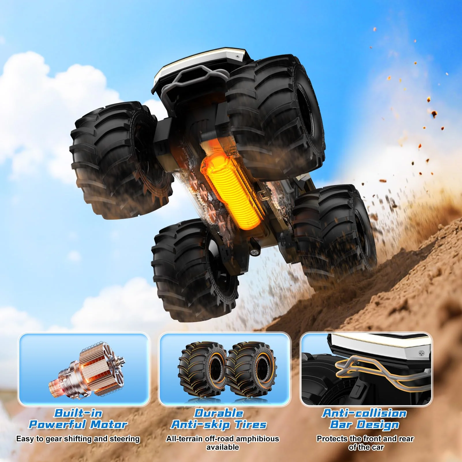 Amphibious Remote Control Car, 1:18 Monster Truck Toys for Boys RC Cars, 2.4 GHz Waterproof RC Trucks, 4WD All Terrain Off-Road Pickup, Kids Christmas Birthday Gifts Present Boys Girls Toys Ages 6+ - Image 3