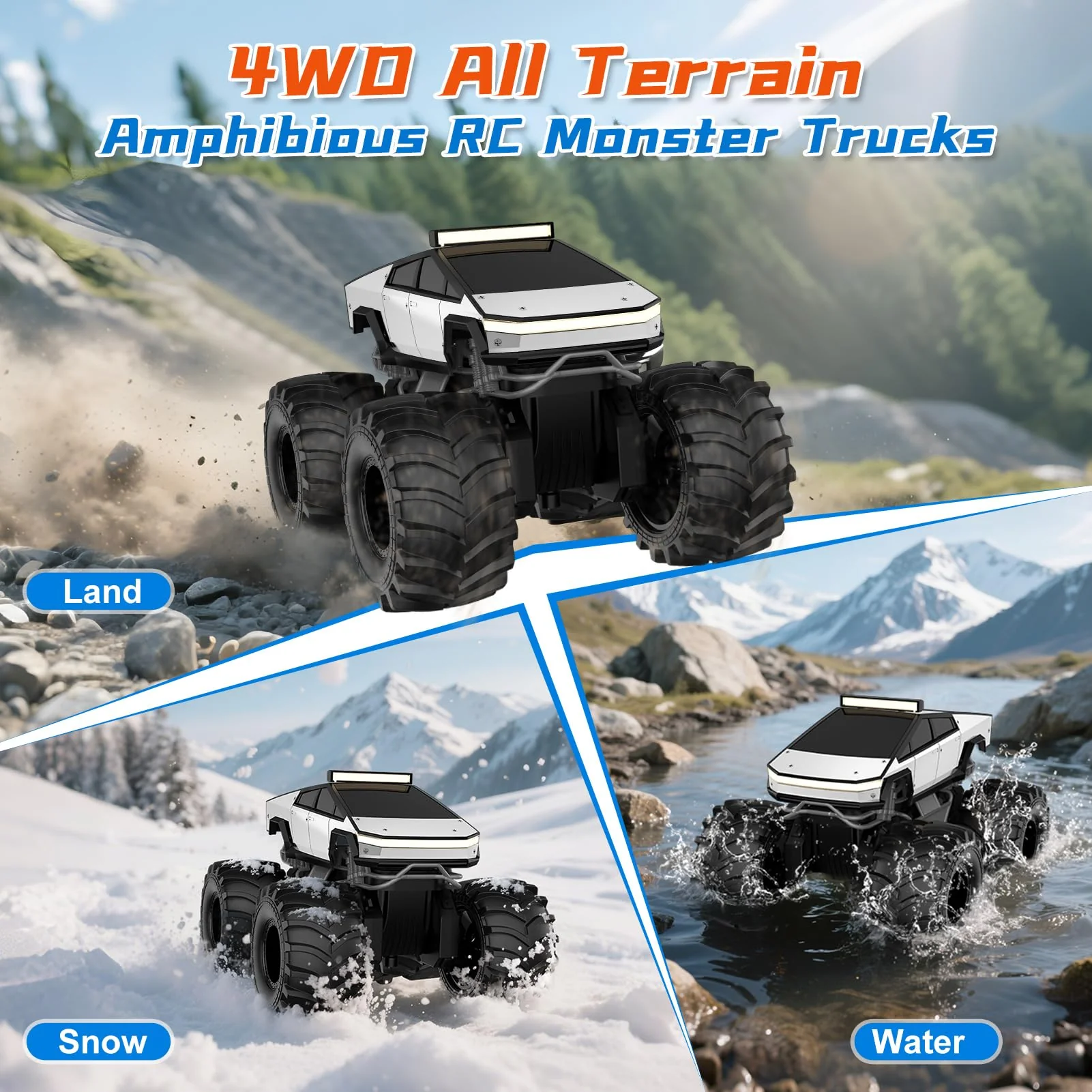 Amphibious Remote Control Car, 1:18 Monster Truck Toys for Boys RC Cars, 2.4 GHz Waterproof RC Trucks, 4WD All Terrain Off-Road Pickup, Kids Christmas Birthday Gifts Present Boys Girls Toys Ages 6+ - Image 5