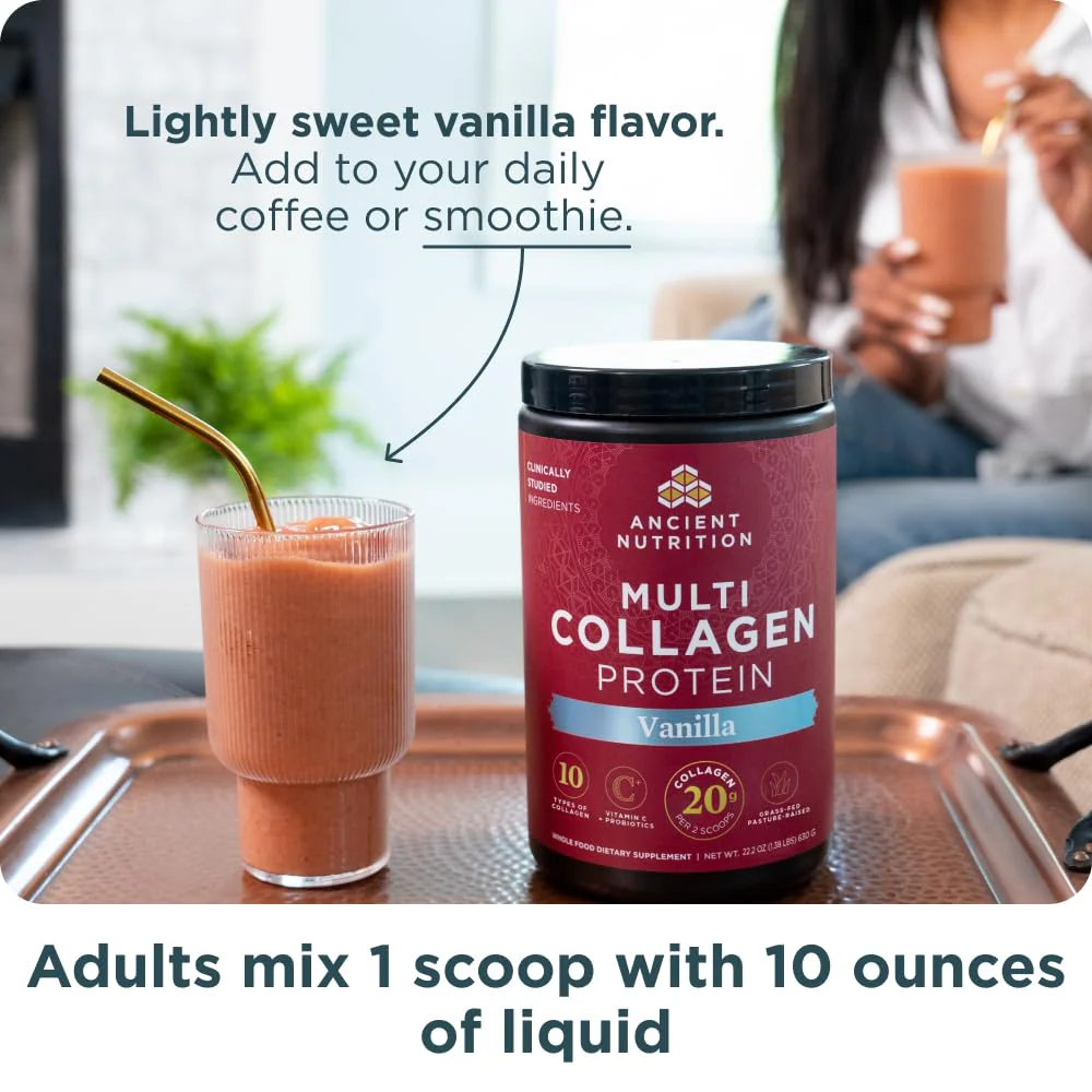 Ancient Nutrition Collagen Peptides Powder, Multi Collagen Protein, Women & Men, Vitamin C, Probiotics, Hydrolyzed Collagen, Supports Skin, Joints, Gut Health, Vanilla, 24 Servings - Image 6