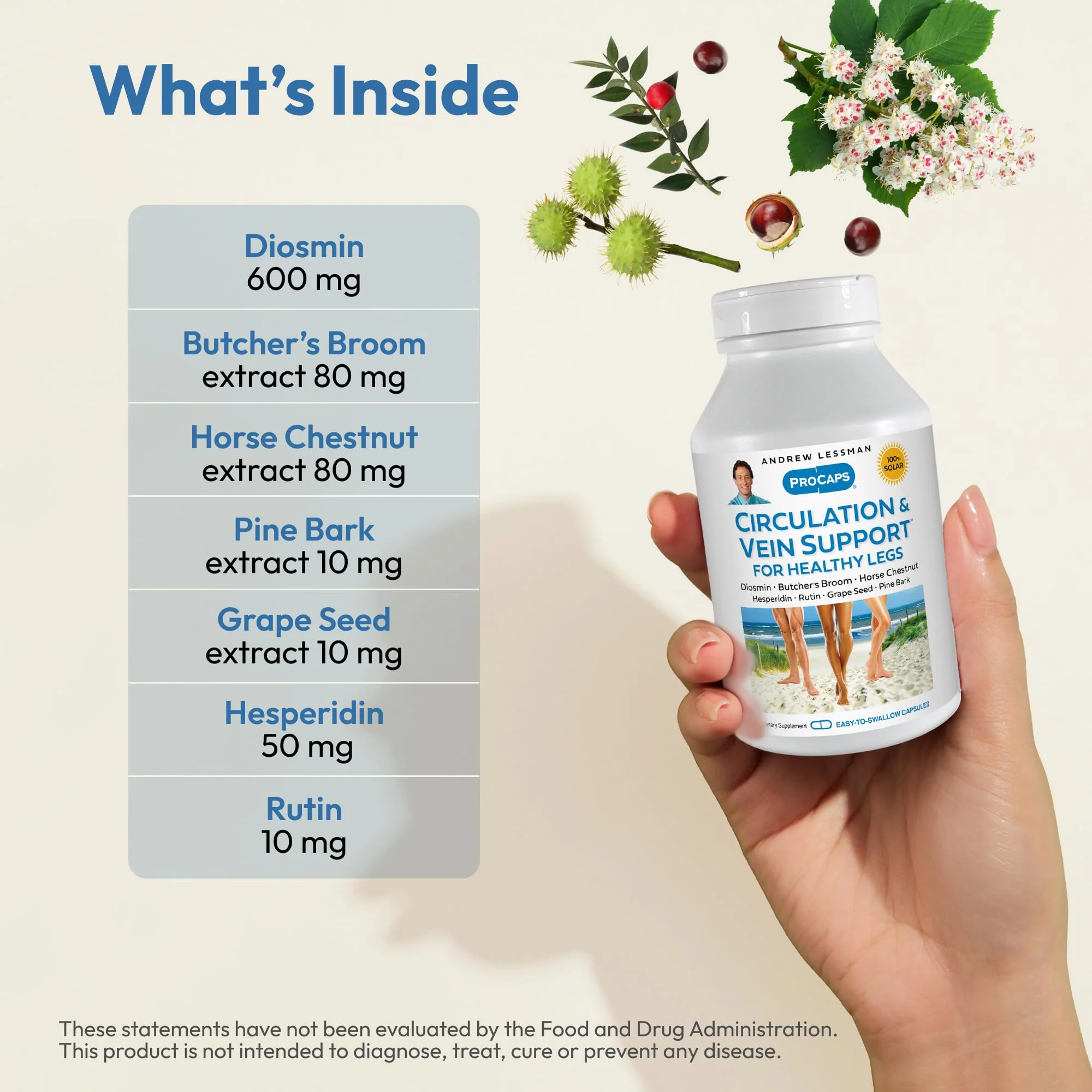 ANDREW LESSMAN Circulation, Vein Support for Healthy Legs 180 Capsules - High Bioactivity Diosmin, Butcher's Broom, Visibly Reduces Swelling and Discomfort in Feet, Ankles, Calves, Legs - Image 8