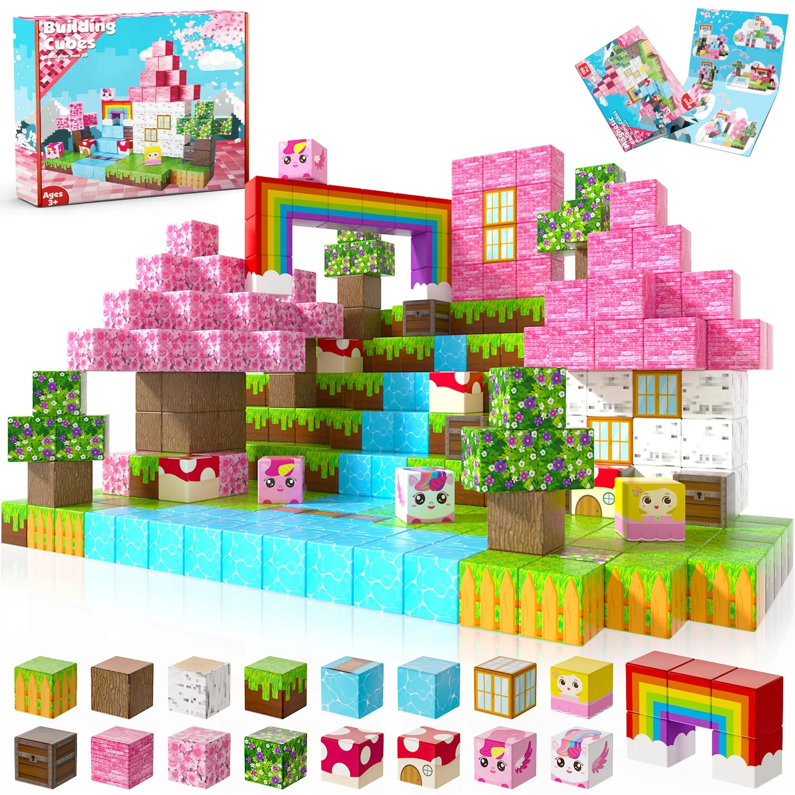 Annexfun Magnetic Blocks - 100PCS Building Blocks Unicorn Cubes - Toys for Montessori Toddler Christmas Birthday Gifts - STEM Sensory Toys for 3 4 9 10 Year Old Girl