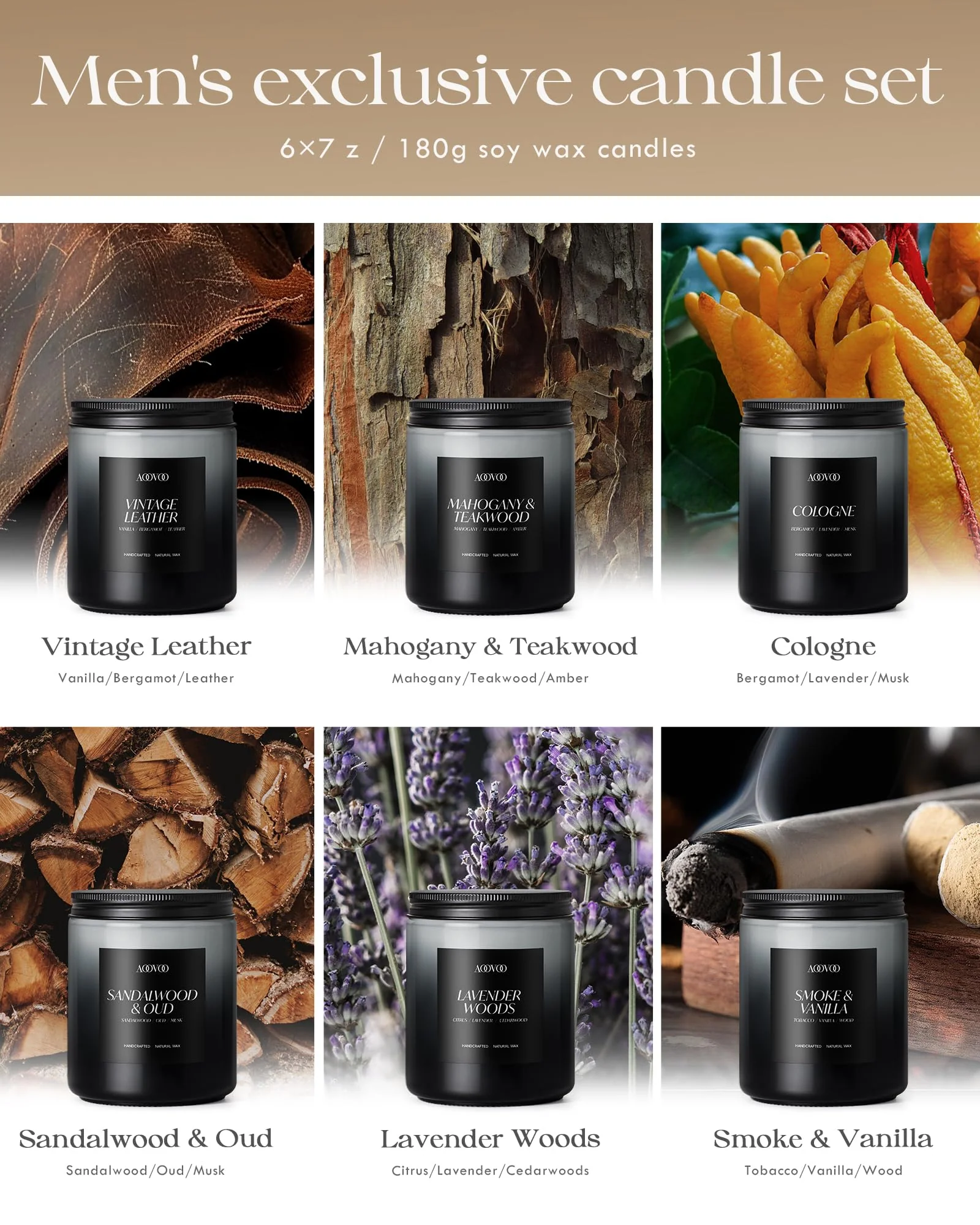 AOOVOO Scented Candles Set - 6 Pack Men Candles for Home Scented, 42 oz Soy Wax, 300 Hour Long Lasting Candle, Soy Candle Gifts Set for Men, Birthday, Valentine, Christmas, Anniversary Present - Image 6