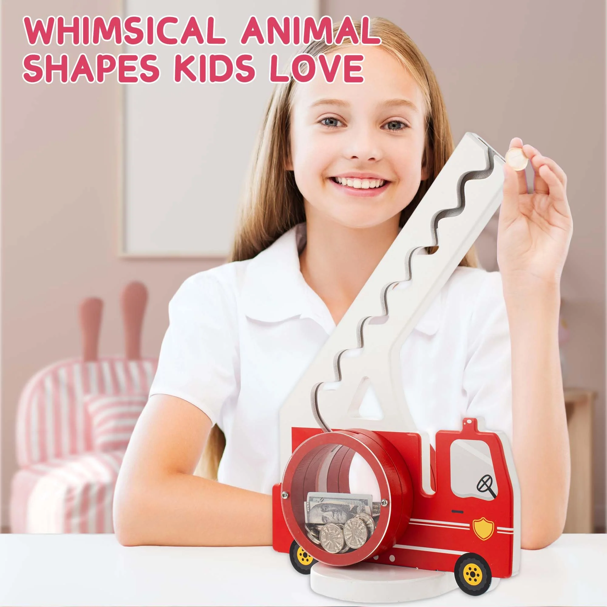 AORCMITN Wooden Fire Truck Piggy Bank for Boys Kids Girls Clear Big Belly Animal Coin Bank for Toddler Birthday Christmas Real Money Toy - Image 2