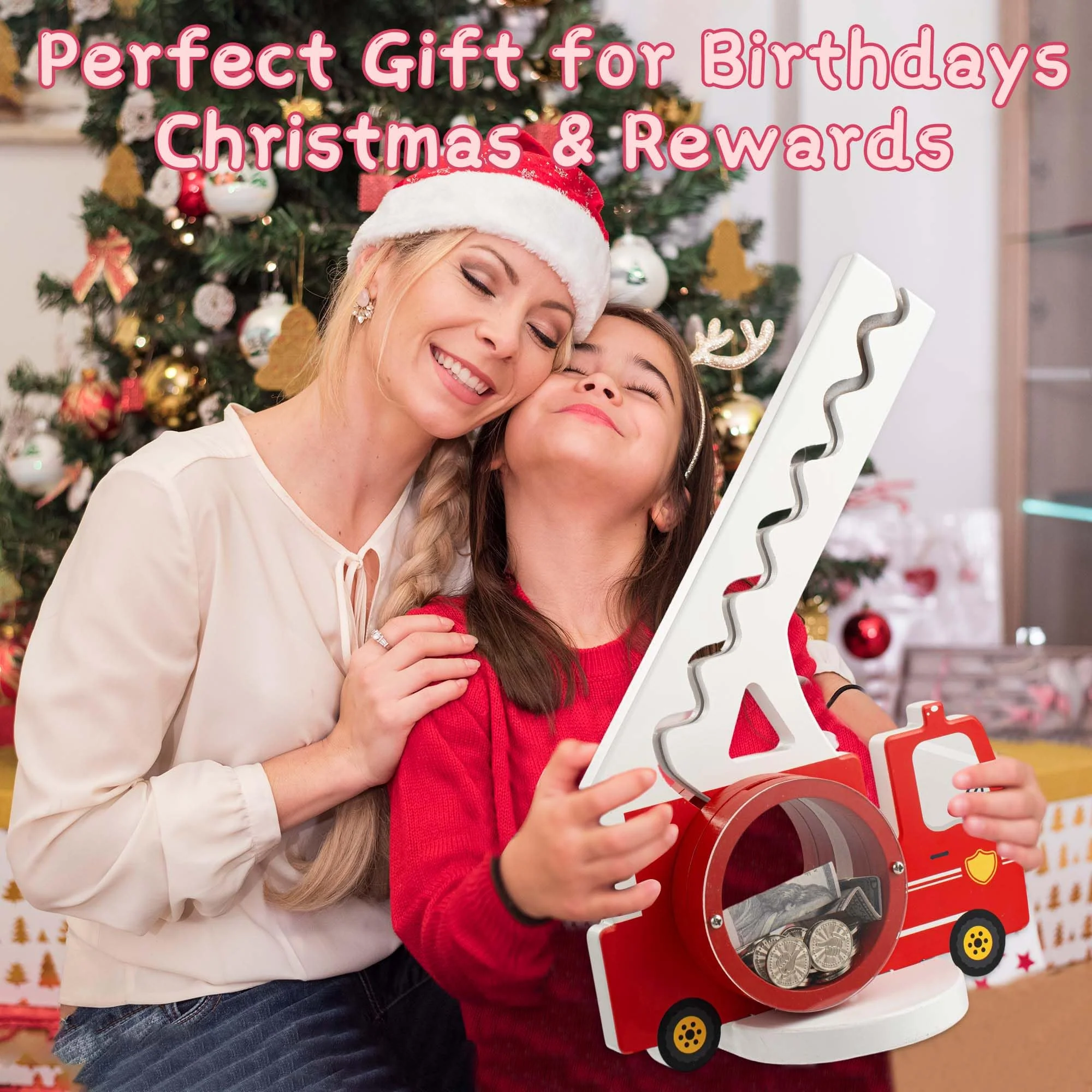 AORCMITN Wooden Fire Truck Piggy Bank for Boys Kids Girls Clear Big Belly Animal Coin Bank for Toddler Birthday Christmas Real Money Toy - Image 3