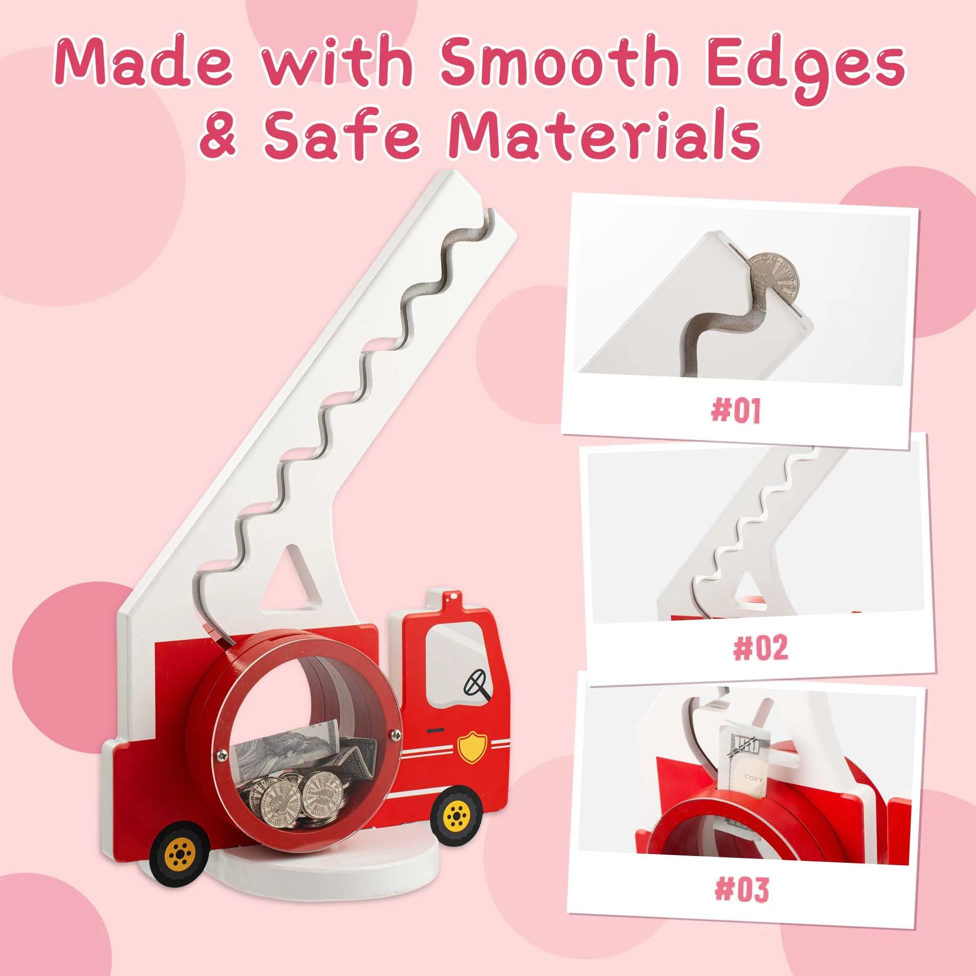 AORCMITN Wooden Fire Truck Piggy Bank for Boys Kids Girls Clear Big Belly Animal Coin Bank for Toddler Birthday Christmas Real Money Toy - Image 4