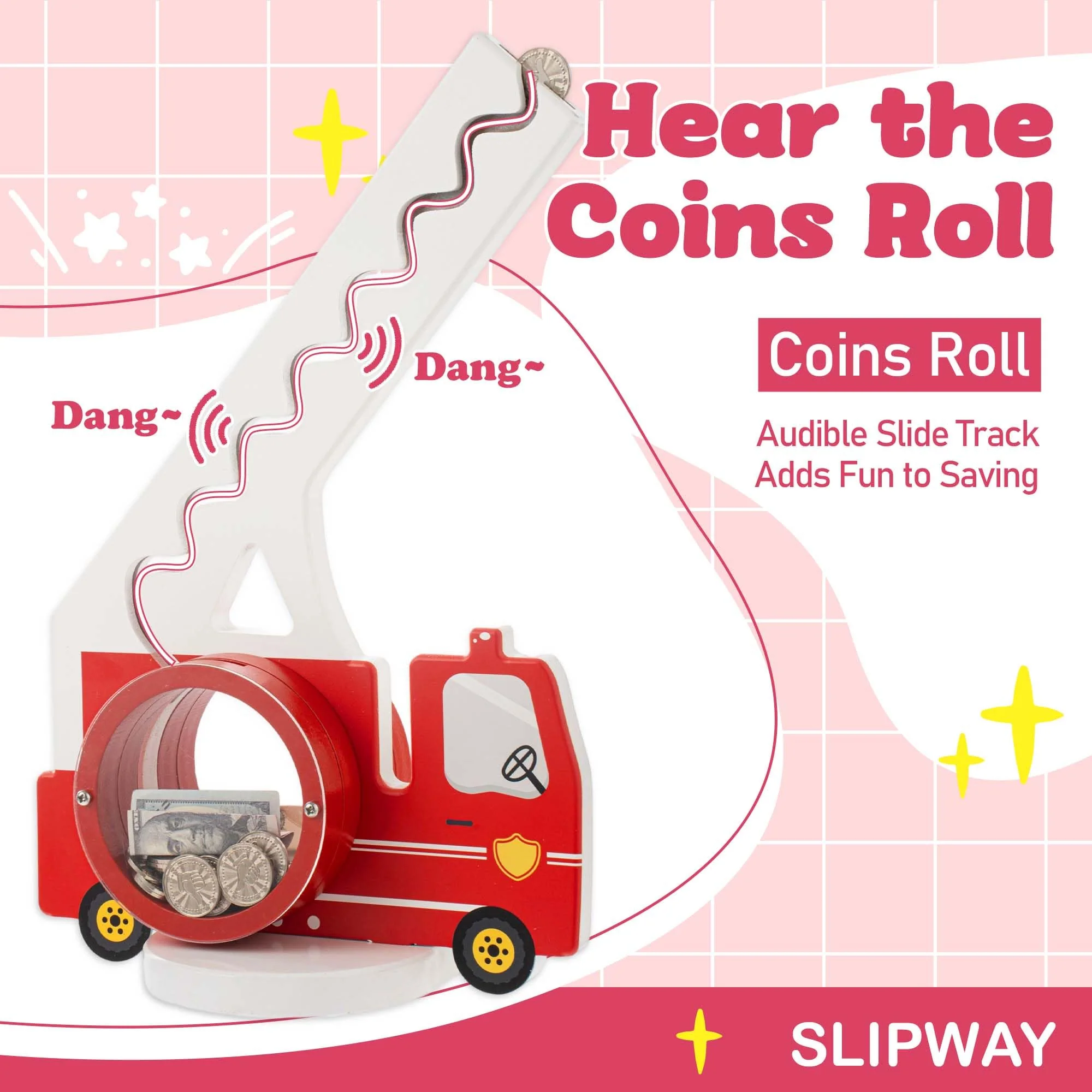 AORCMITN Wooden Fire Truck Piggy Bank for Boys Kids Girls Clear Big Belly Animal Coin Bank for Toddler Birthday Christmas Real Money Toy - Image 6