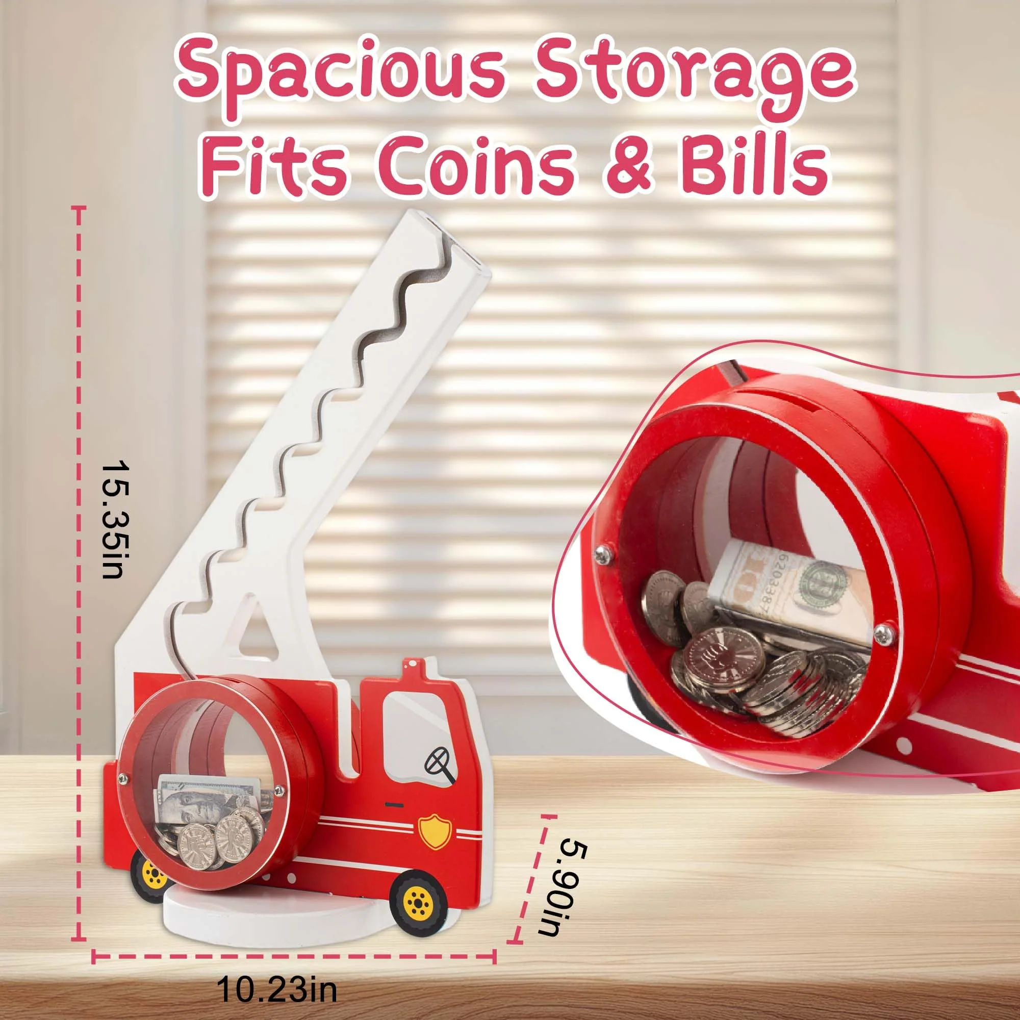 AORCMITN Wooden Fire Truck Piggy Bank for Boys Kids Girls Clear Big Belly Animal Coin Bank for Toddler Birthday Christmas Real Money Toy - Image 7