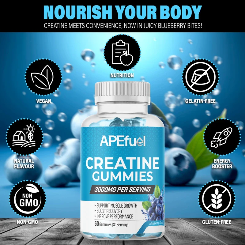 APEfuel Creatine Gummies for Men & Women - Sugar-Free Blueberry Flavored Pre-Workout Gummies for Muscle Growth, Strength & Cognitive Support - 3000mg Creatine Dietary Supplement (30-Days Supply) - Image 2