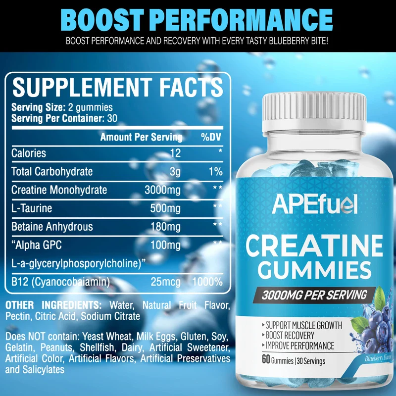 APEfuel Creatine Gummies for Men & Women - Sugar-Free Blueberry Flavored Pre-Workout Gummies for Muscle Growth, Strength & Cognitive Support - 3000mg Creatine Dietary Supplement (30-Days Supply) - Image 3