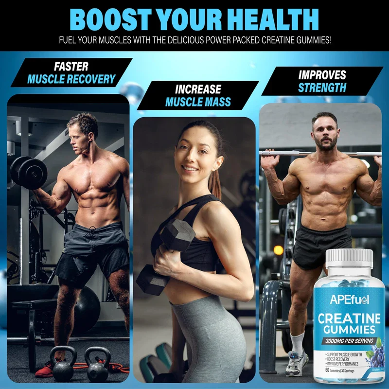 APEfuel Creatine Gummies for Men & Women - Sugar-Free Blueberry Flavored Pre-Workout Gummies for Muscle Growth, Strength & Cognitive Support - 3000mg Creatine Dietary Supplement (30-Days Supply) - Image 5