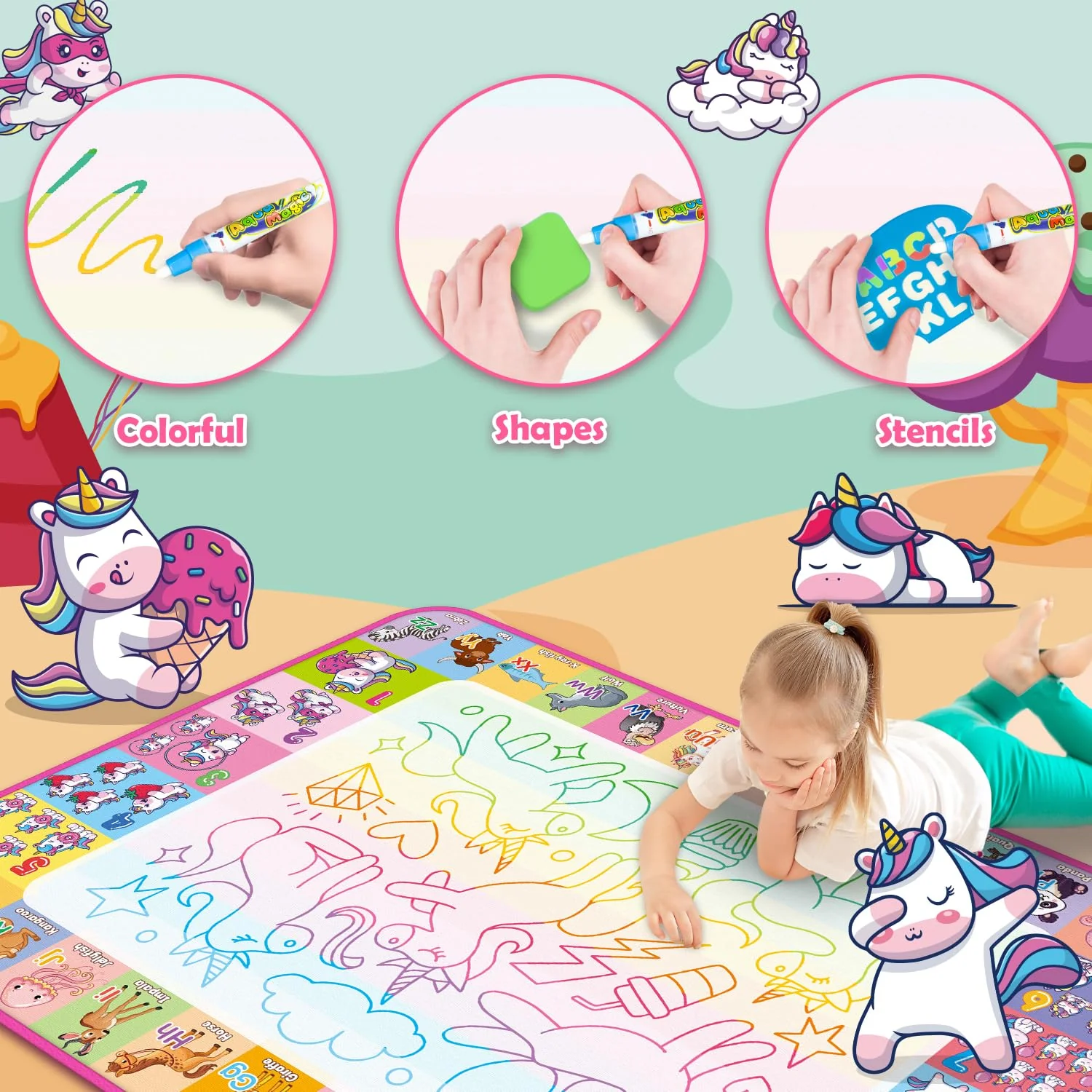 Aqua Water Doodle Mat - Kids Drawing Mat Toddlers Educational Toys for Age 3 4 5 6 7 8 Year Old Boys Girls Gifts - Neon Color Mat Doodle Board Writing Drawing Toys Holiday Christmas Birthday Gifts - Image 7