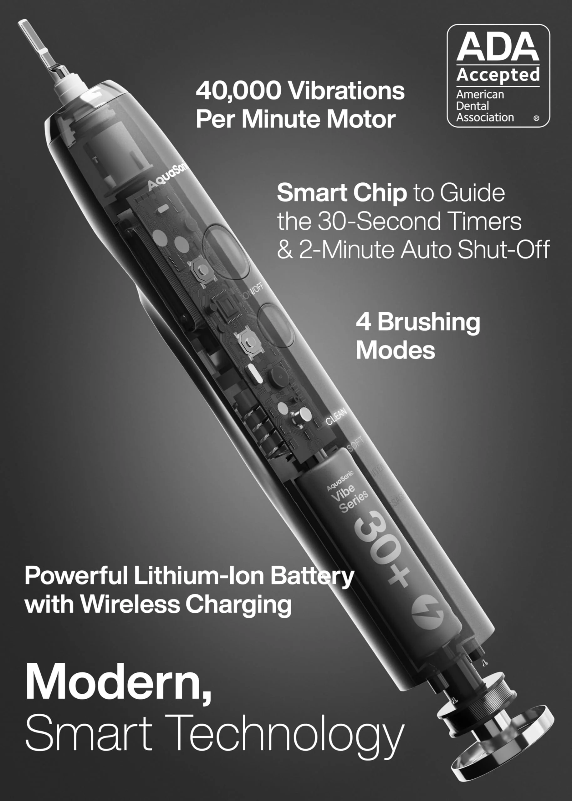 Aquasonic Vibe Series Ultra-Whitening Toothbrush – ADA Accepted Electric Toothbrush - 8 Brush Heads & Travel Case – 40,000 VPM Motor & Wireless Charging - 4 Modes w Smart Timer – Charcoal Metallic - Image 7